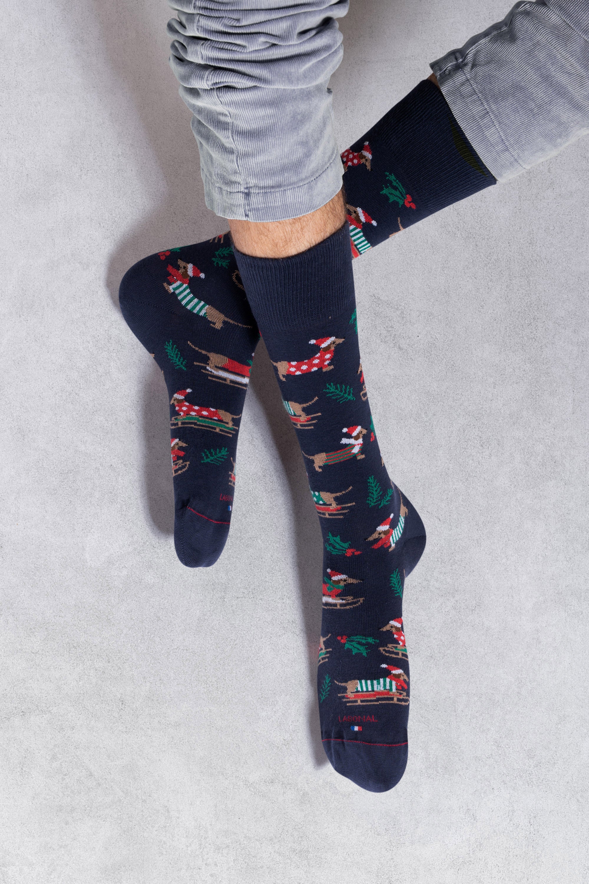 Chaussettes en coton Marine - Motif semis teckel de Noël