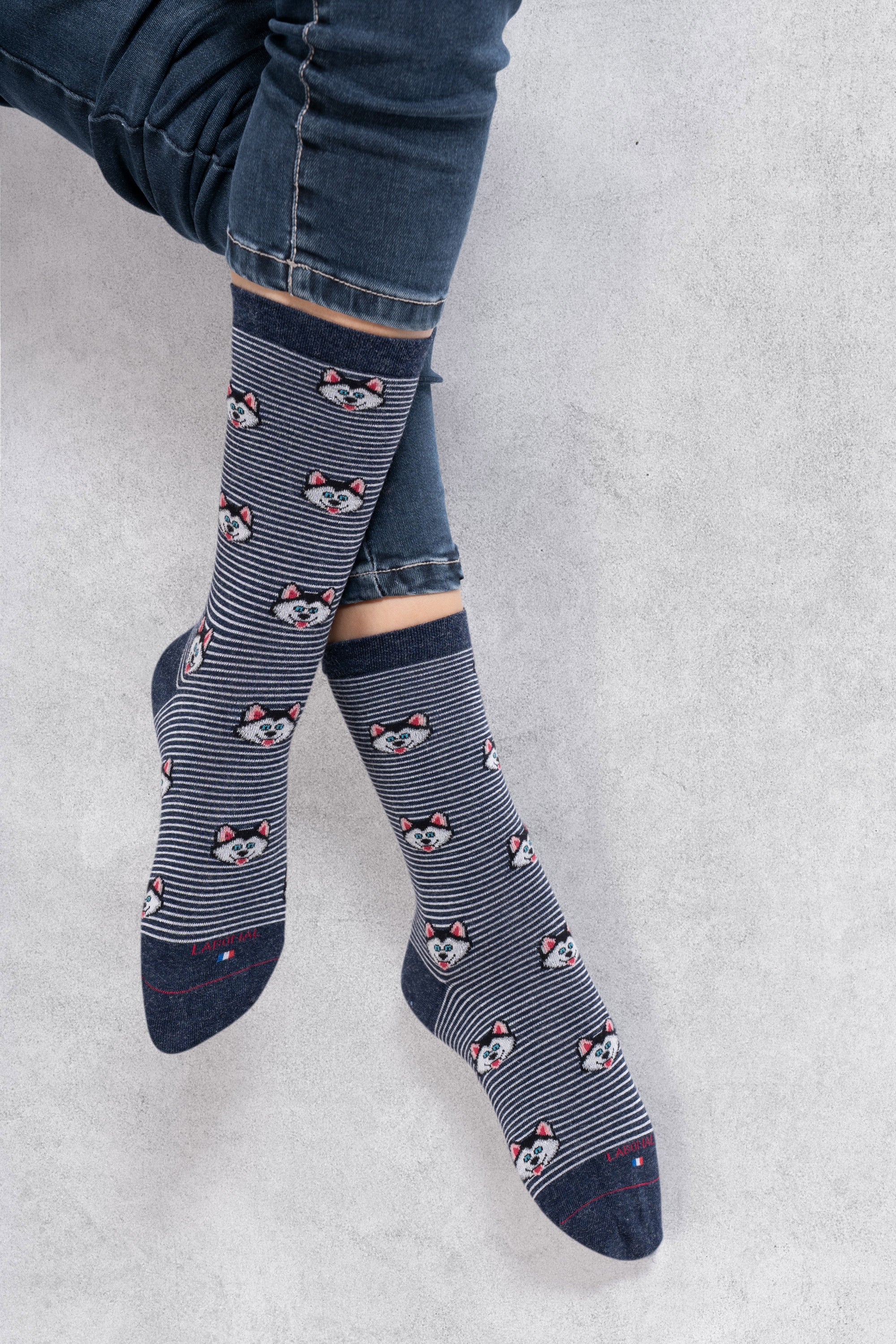 Chaussettes en viscose et soie Bleu jean - Motif rayure husky
