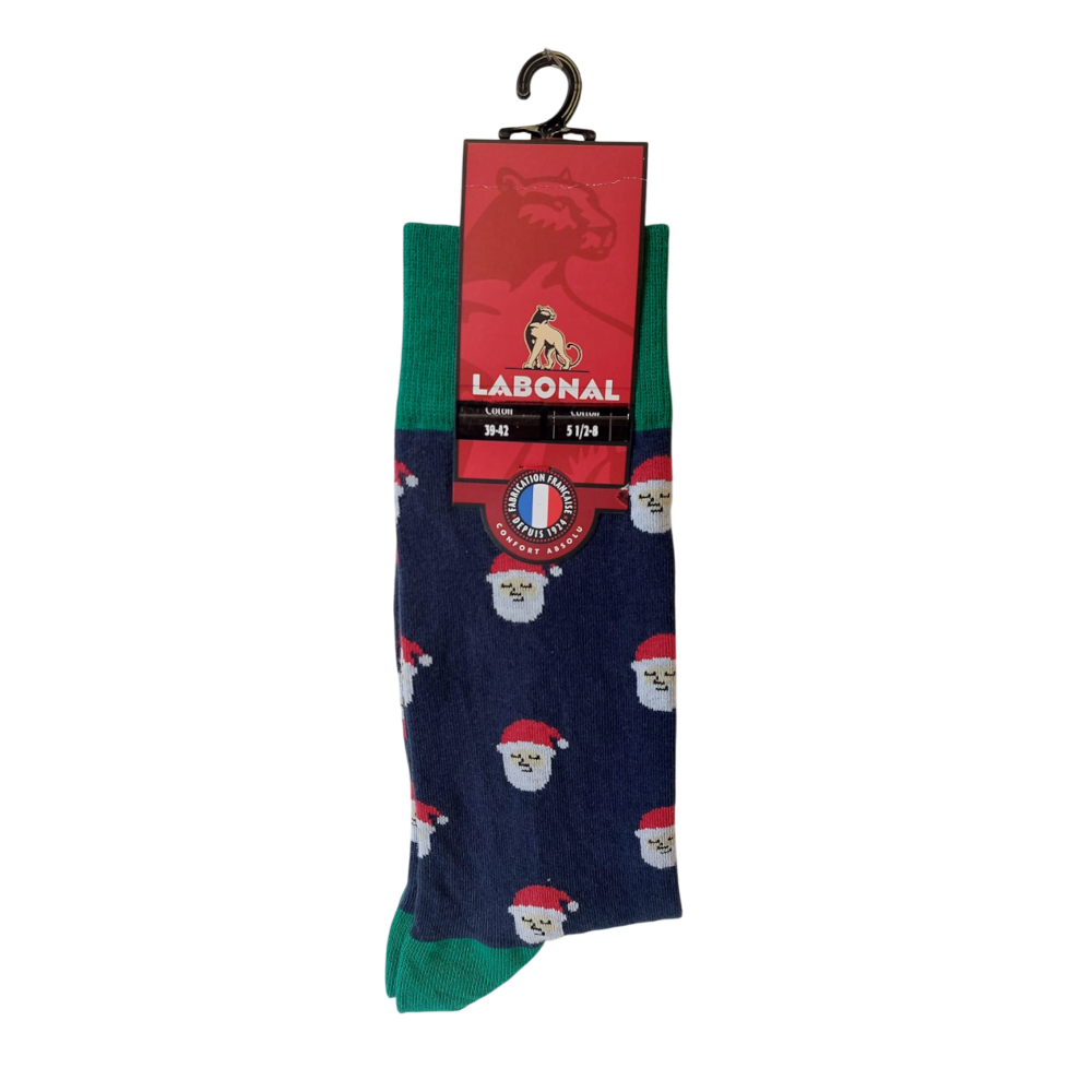 Chaussettes de Noël pour homme en coton Marine - Motifs Têtes de père Noël