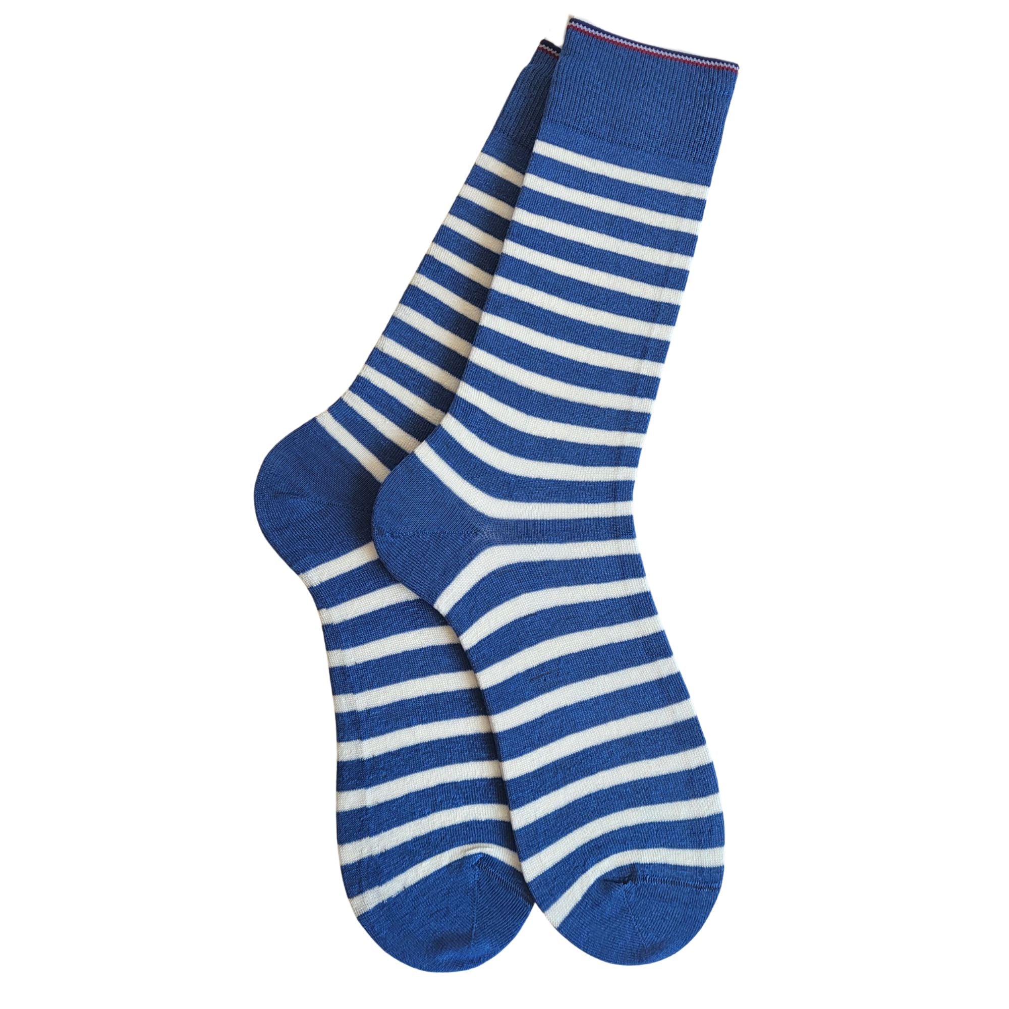 Chaussettes en lin rayé bleu blanc homme