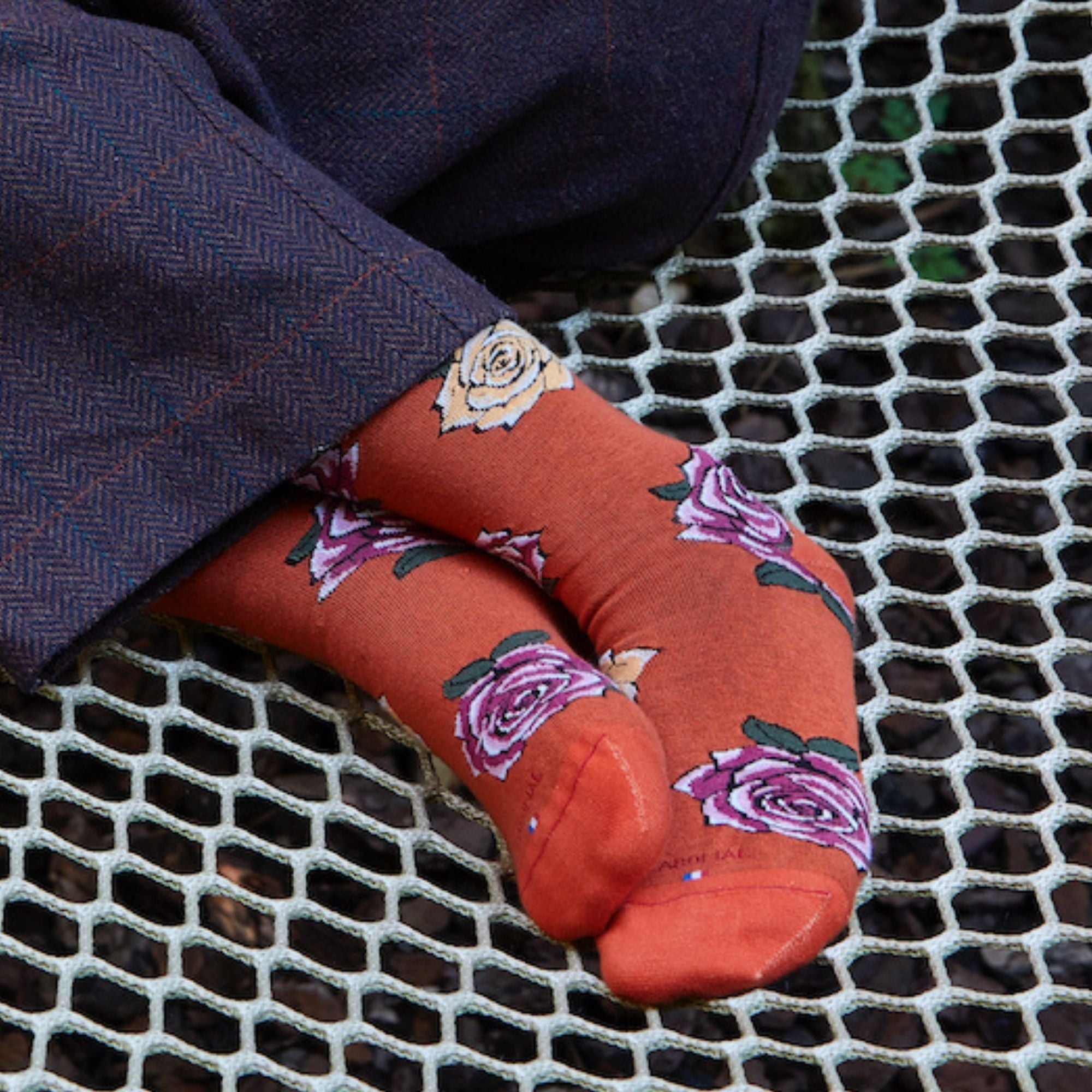 Chaussettes coton orange motif roses