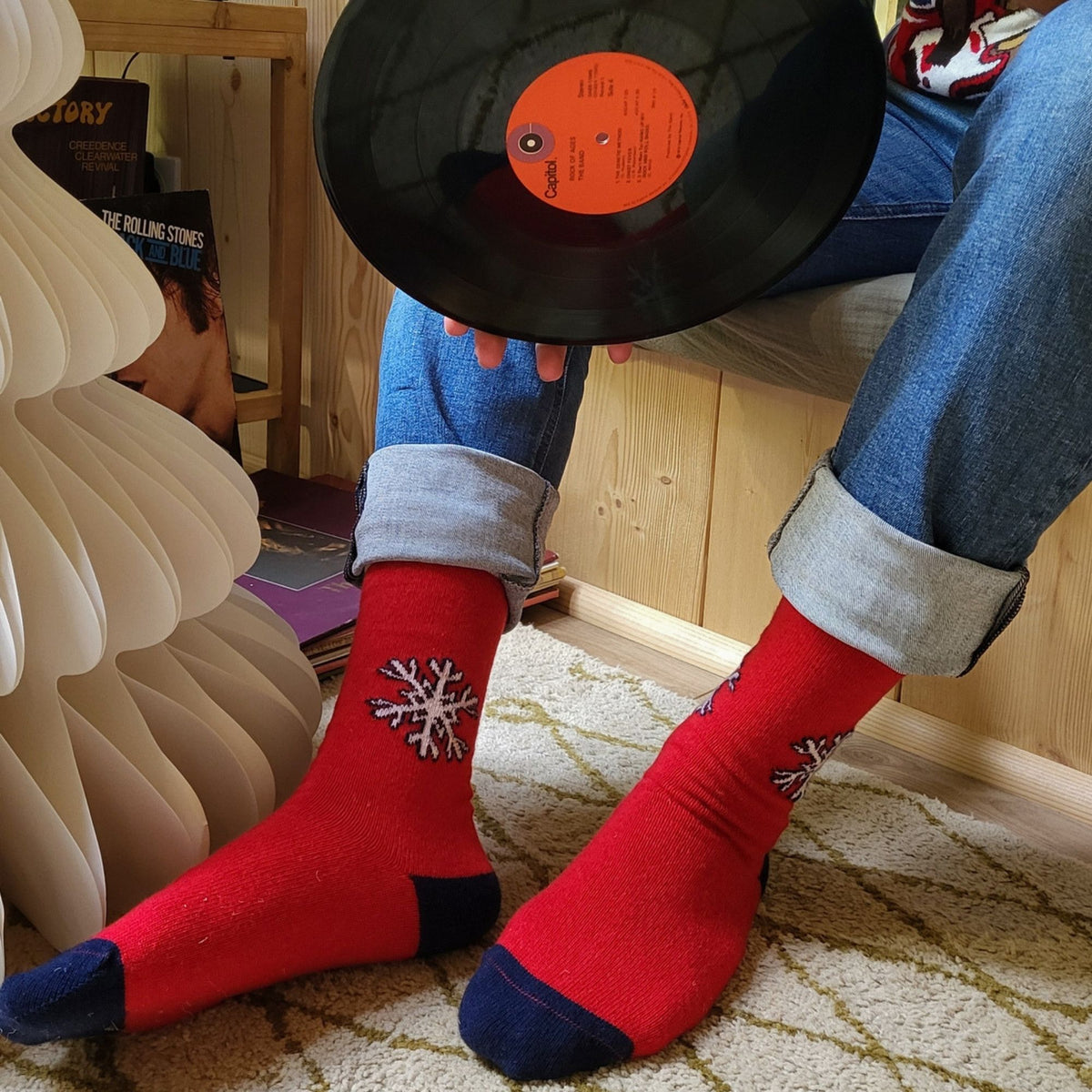 Chaussettes laine rouge motif flocon