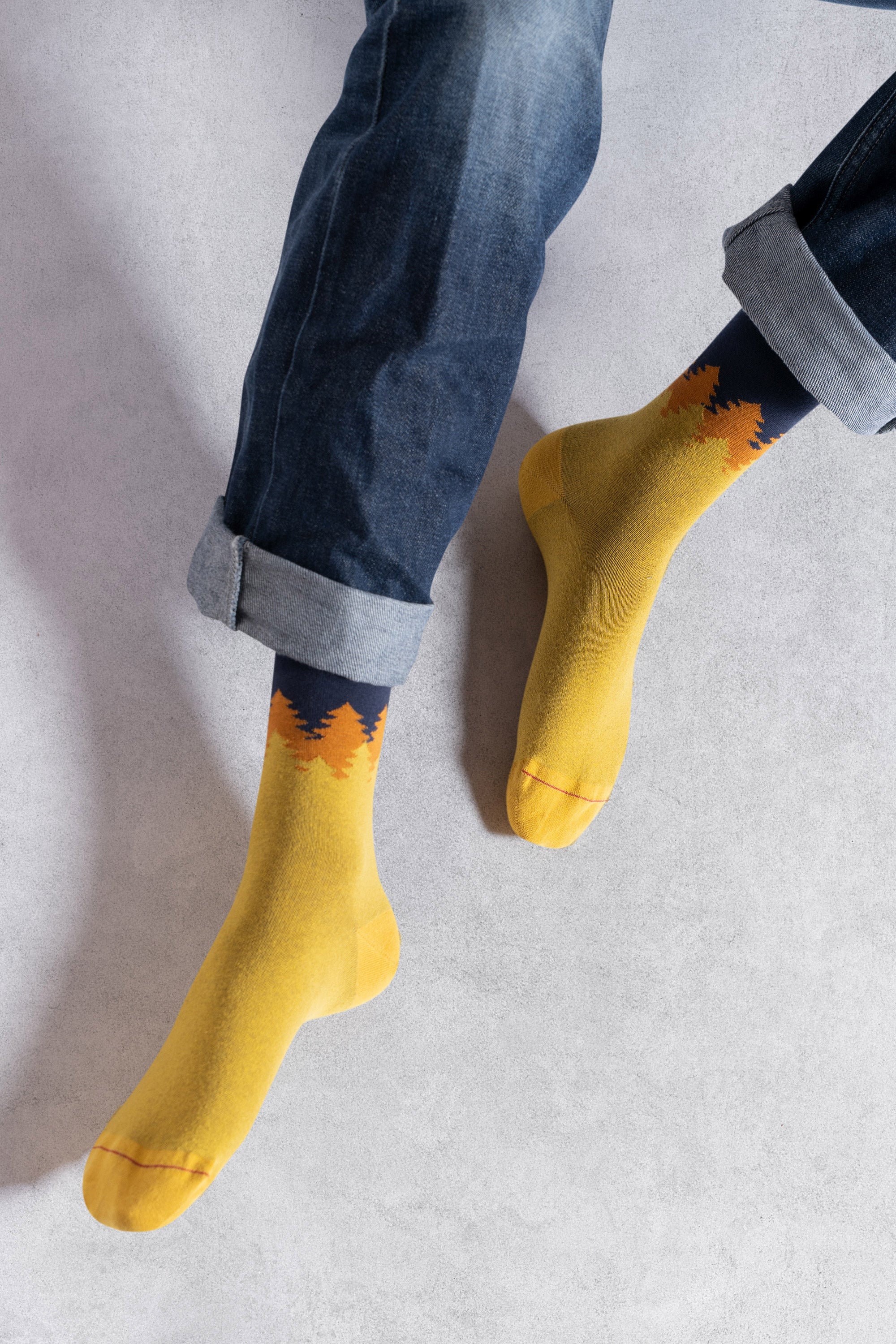 Chaussettes en coton Jaune & Marine - Motif forêt sapins