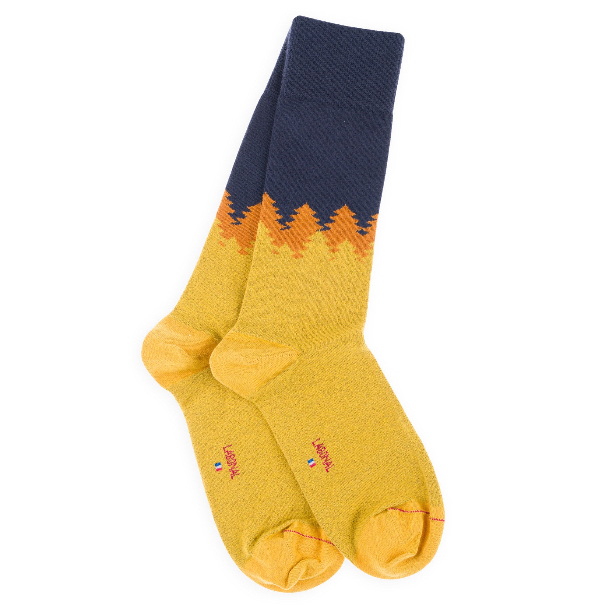 Chaussettes en coton Jaune & Marine - Motif forêt sapins