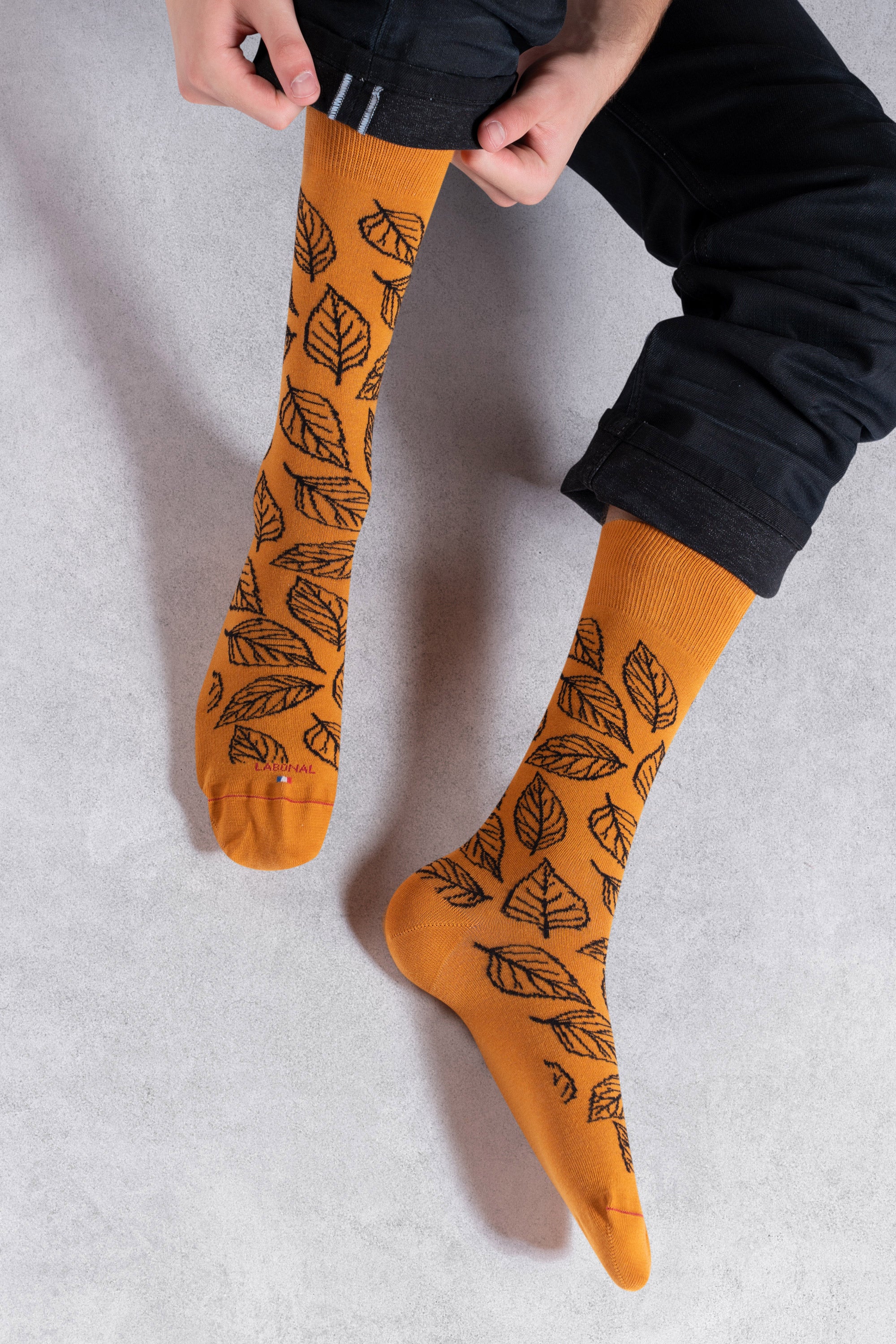 Chaussettes en coton Jaune ocre - Motifs feuilles