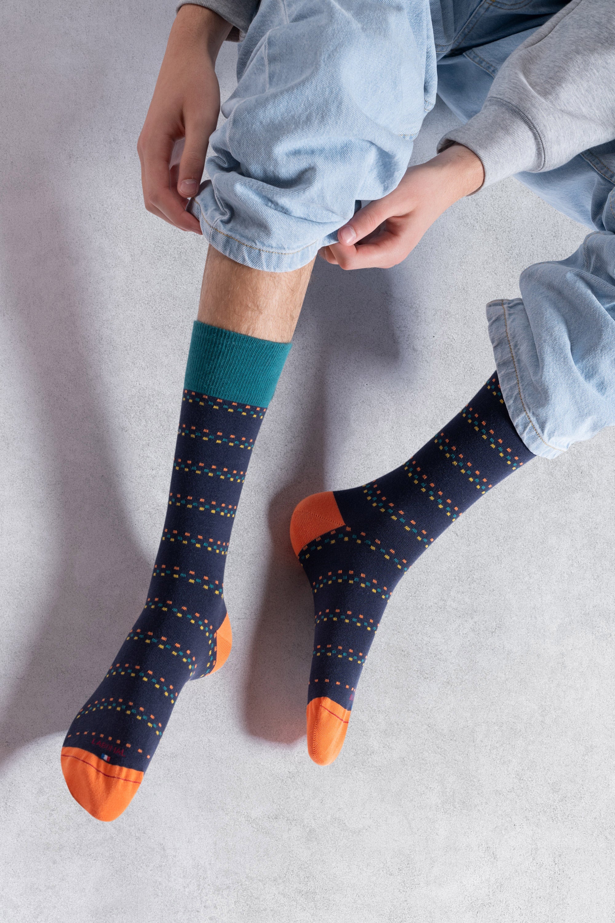 Chaussettes en coton Marine - Motifs rayures mini carrés