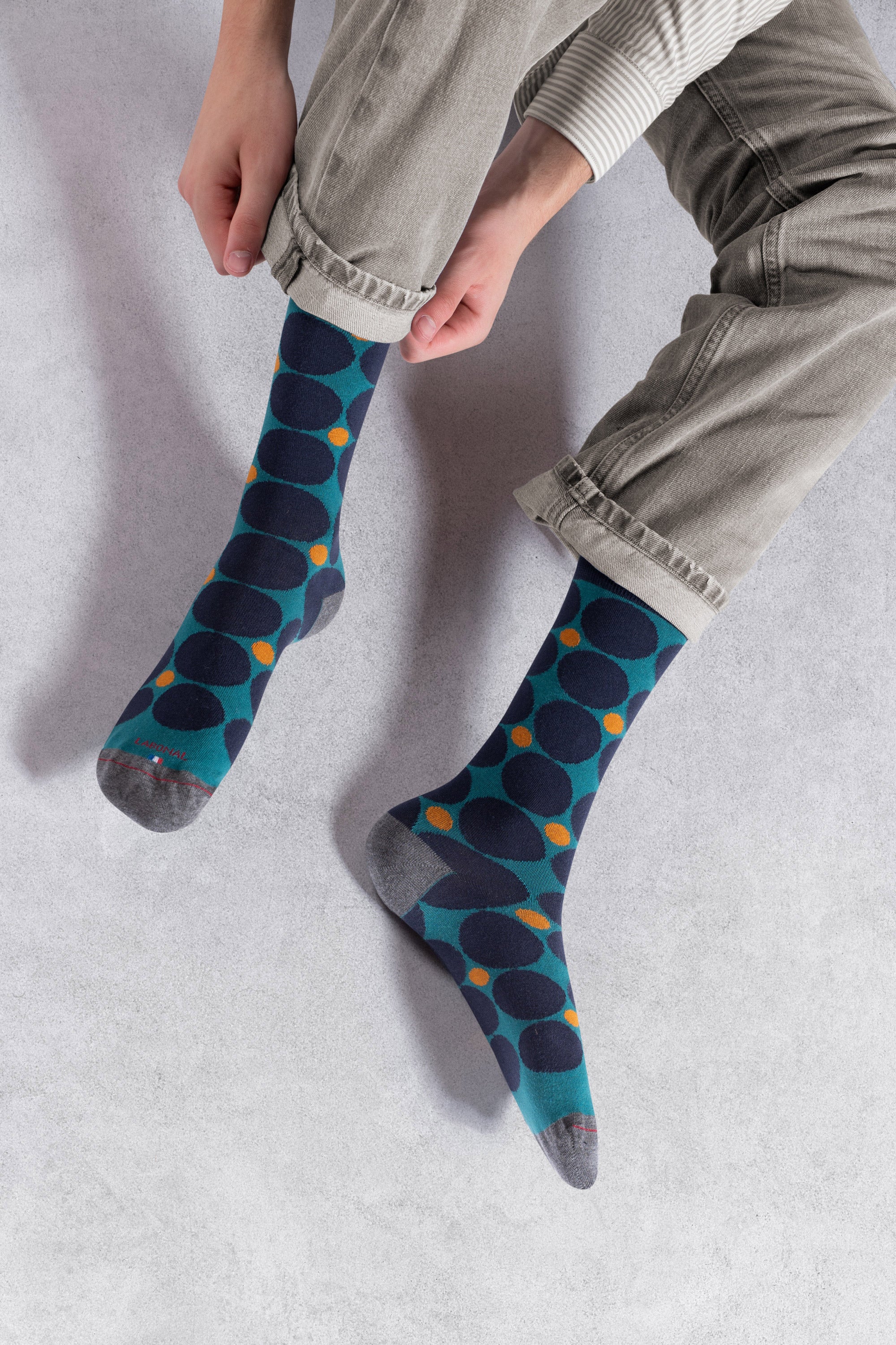 Chaussettes en coton Marine & Vert - Motifs pions dames