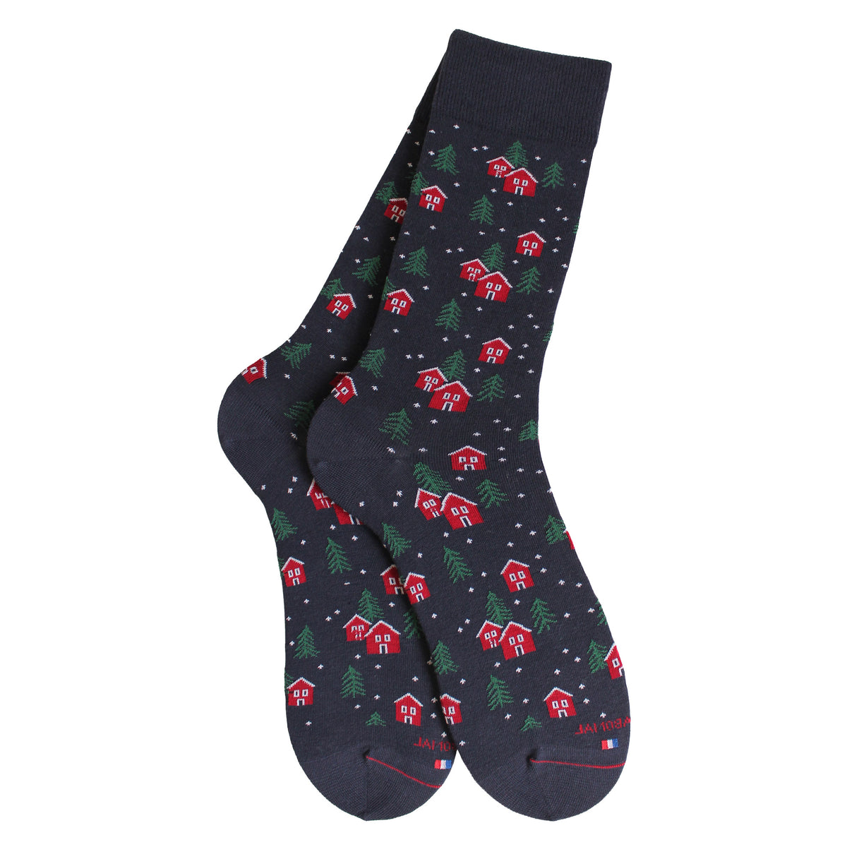 Chaussettes coton bleu motif chalets et sapins
