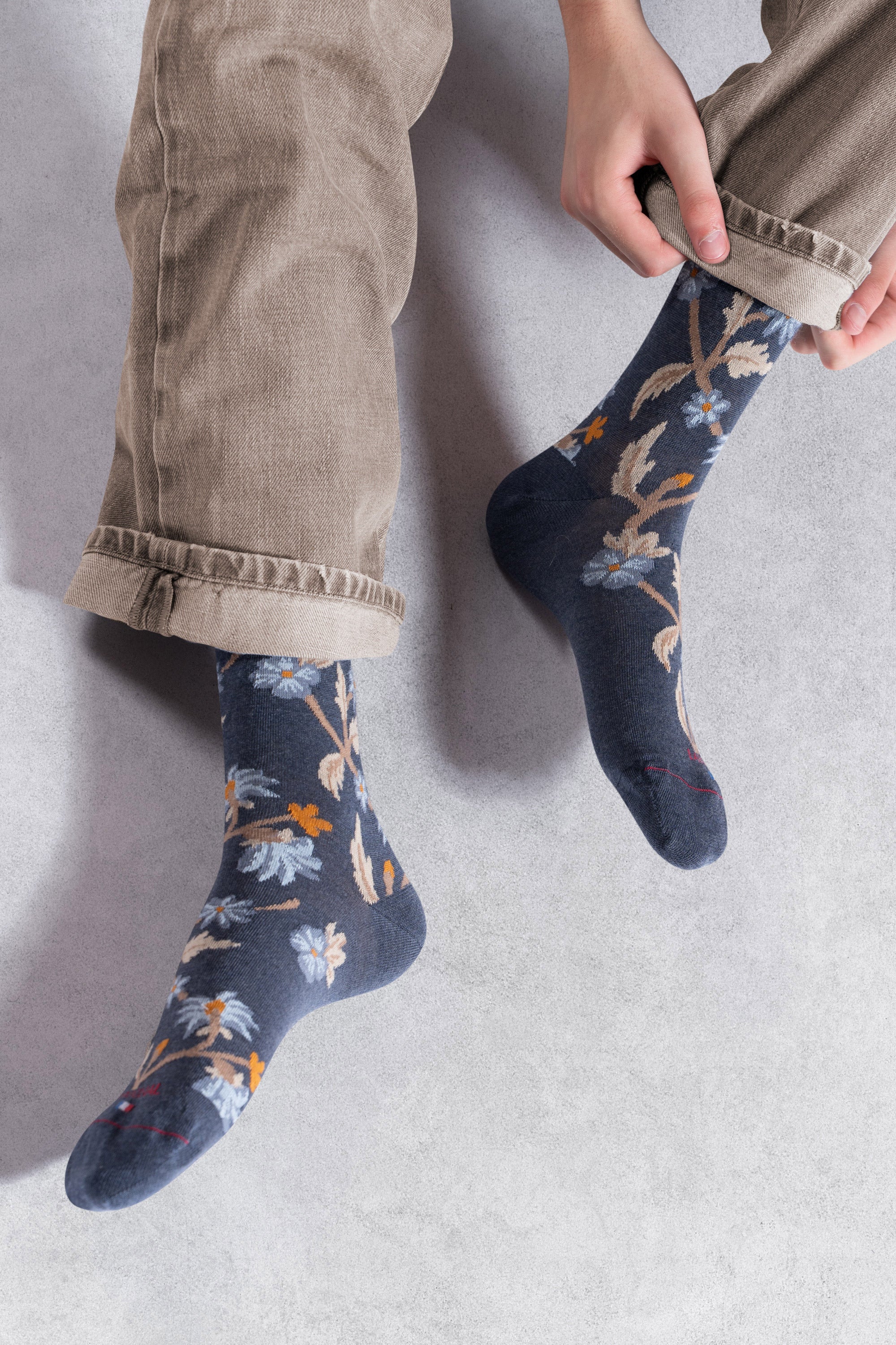 Chaussettes en laine mérinos Bleu - Motifs fleurs