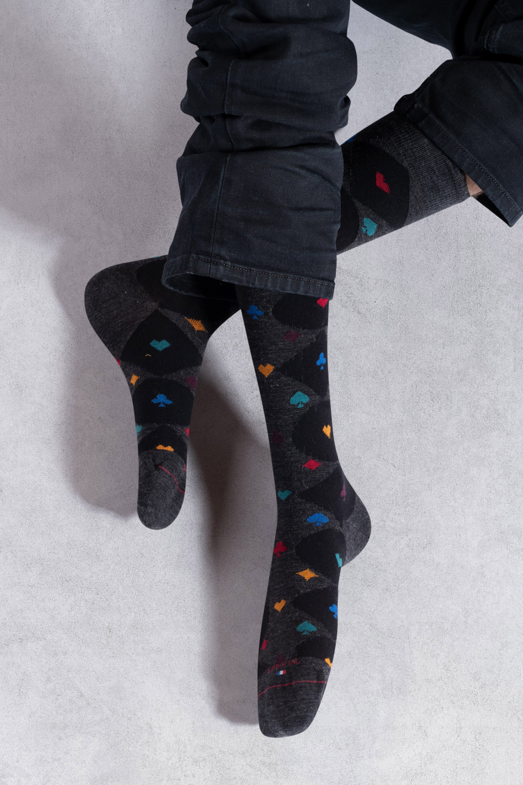 Chaussettes en laine mérinos Anthracite - Motifs signes cartes