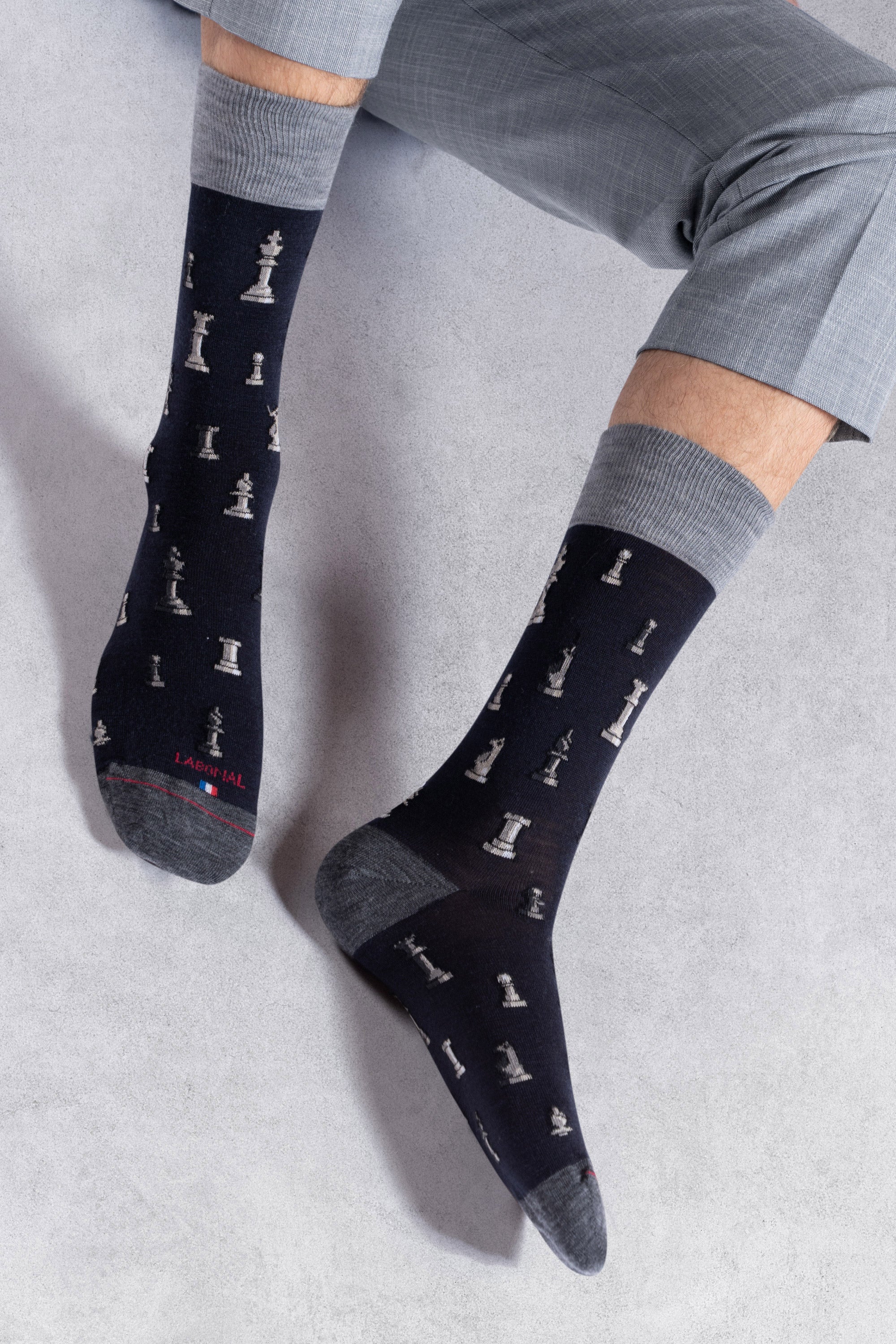 Chaussettes en laine mérinos Marine - Motifs échecs