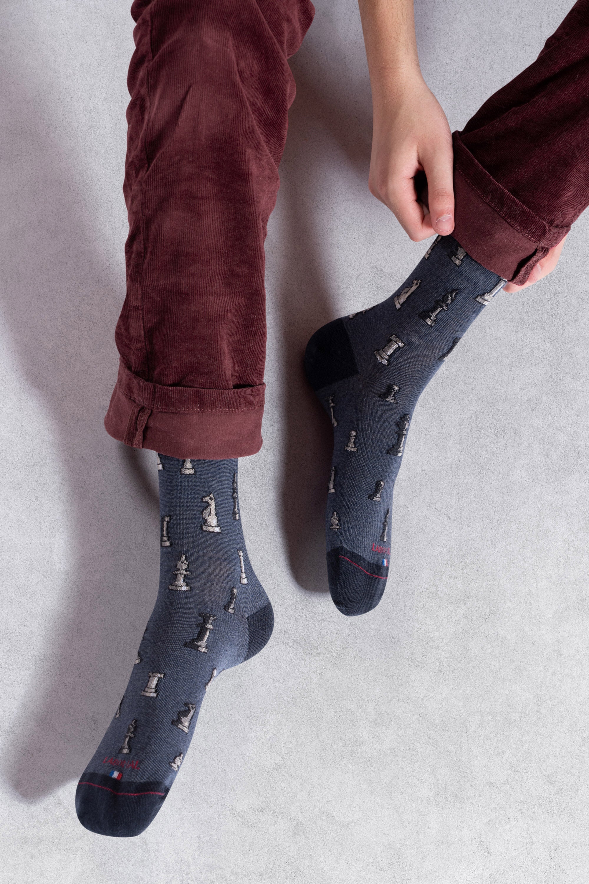 Chaussettes en laine mérinos Bleu - Motifs échecs