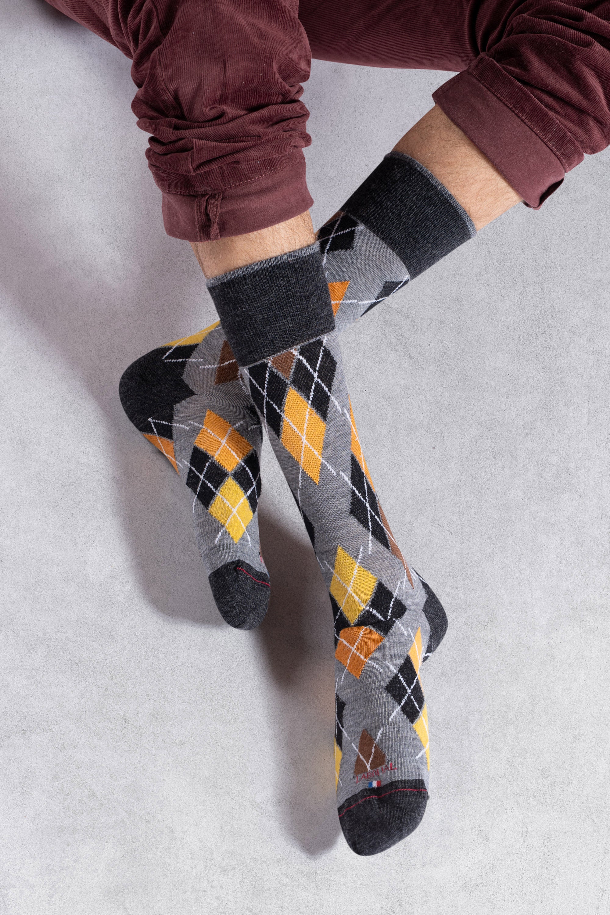 Chaussettes en laine mérinos Gris fer - Motifs losanges multicolores