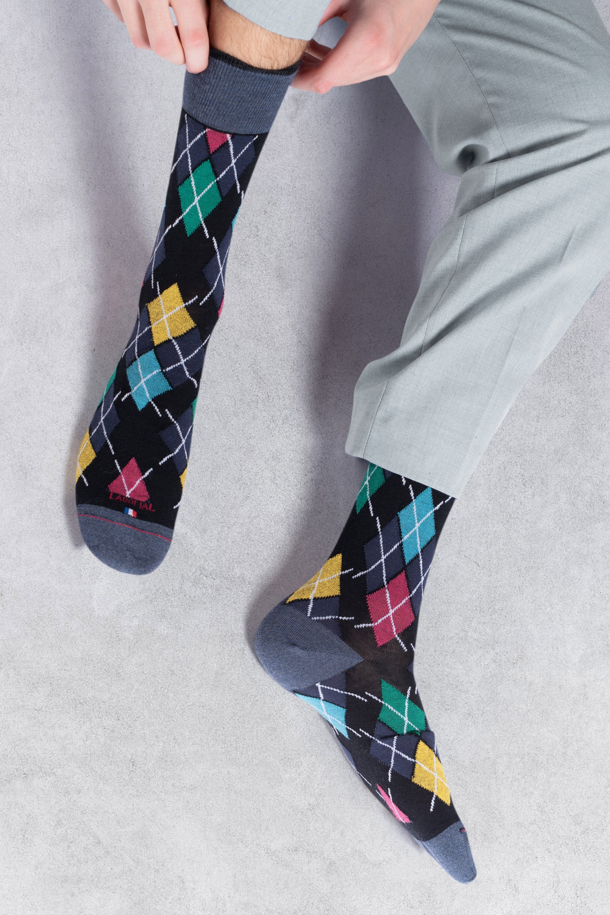 Chaussettes en laine mérinos Noir - Motifs losanges multicolores