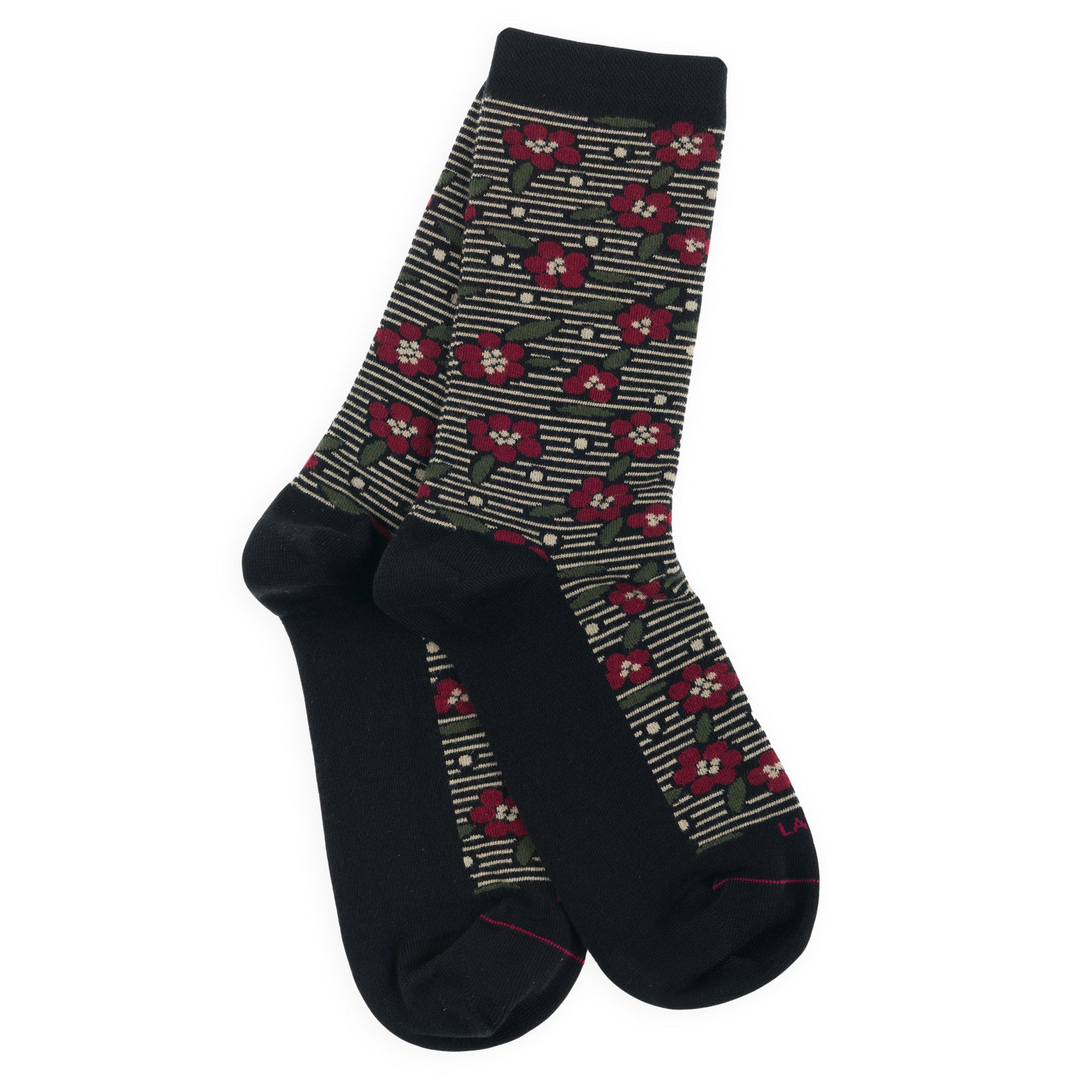 Chaussettes en coton Noir - Motifs rayures fleurs