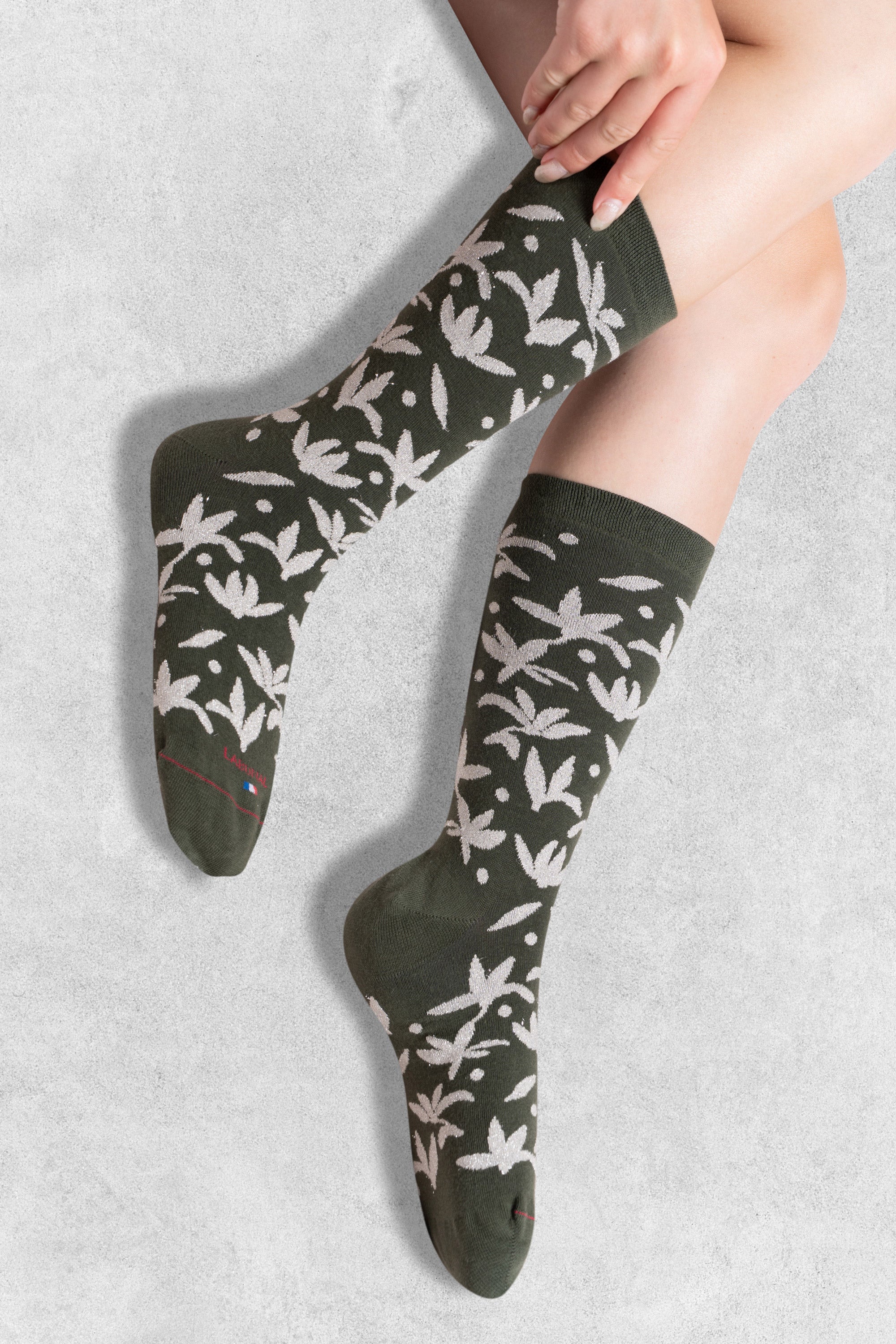 Chaussettes en coton Kaki - Motifs fleurs brillantes