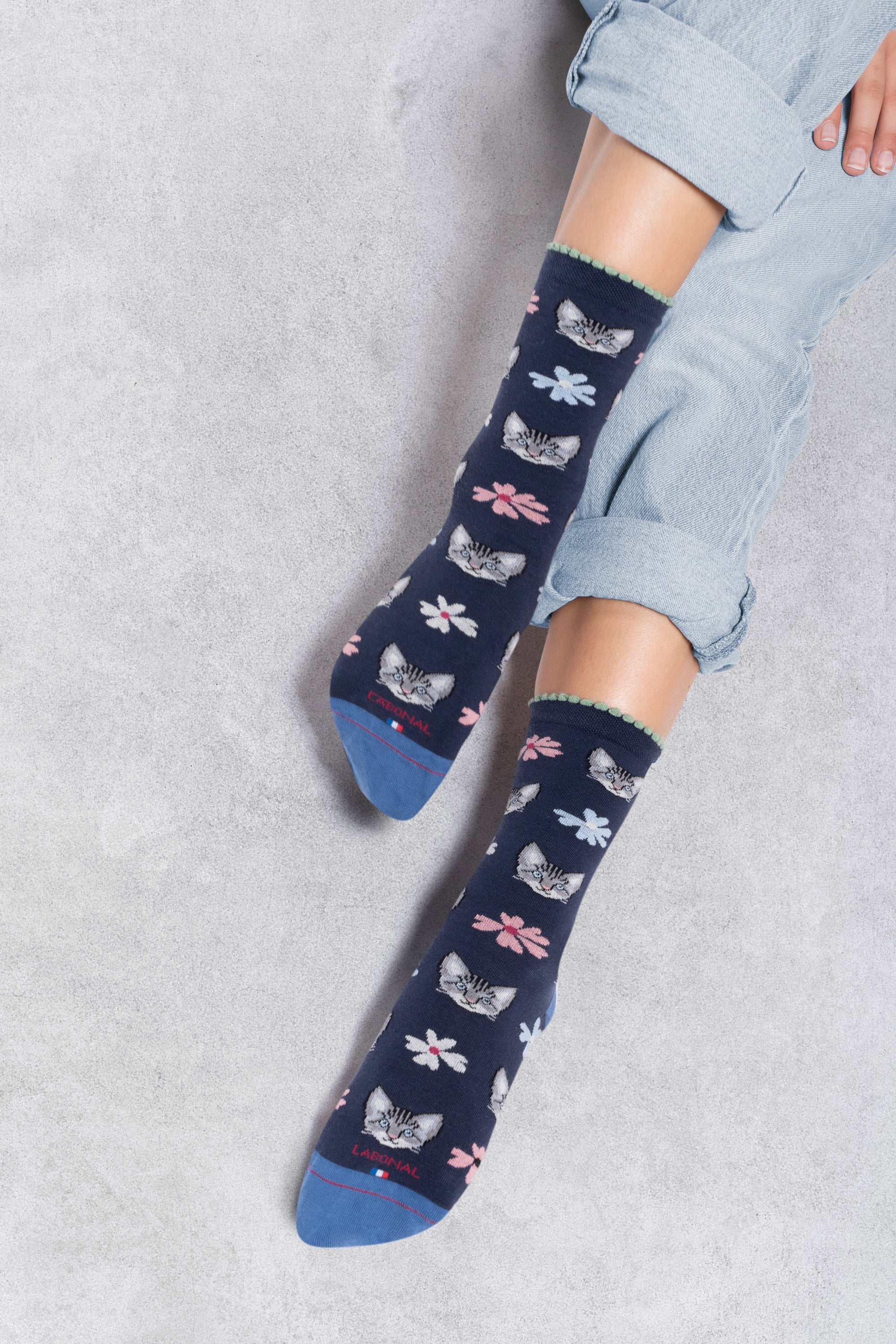 Chaussettes en coton Marine - Motifs chats et fleurs