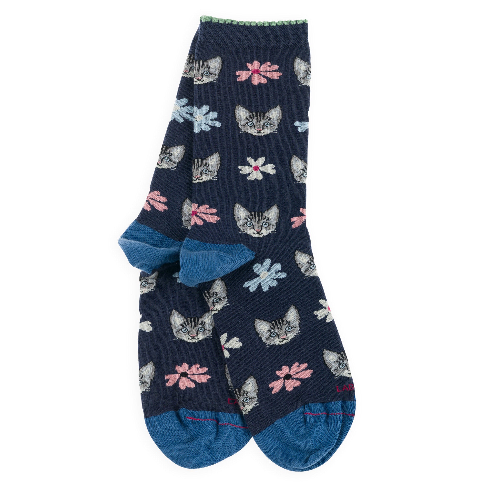 Chaussettes en coton Marine - Motifs chats et fleurs