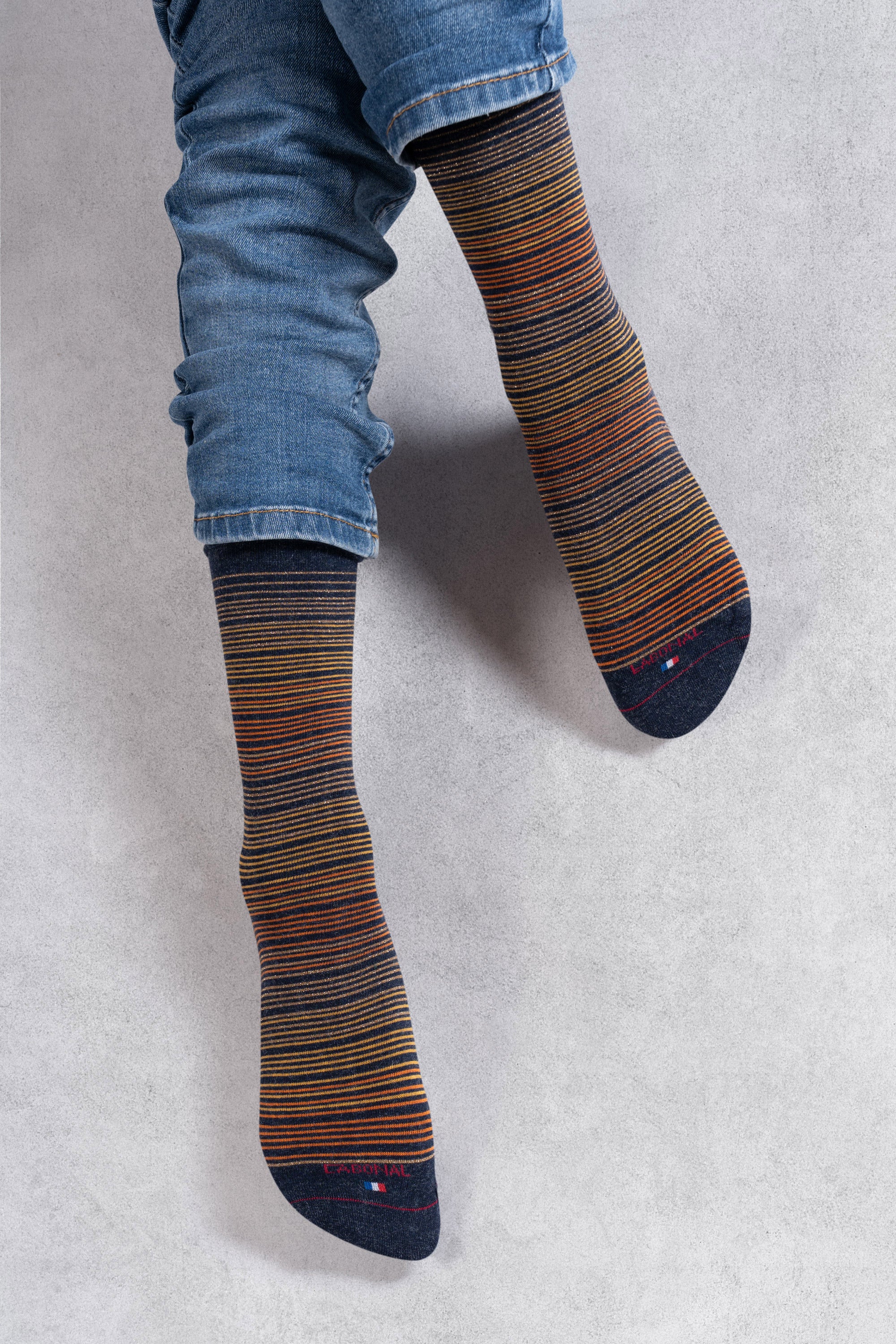 Chaussettes en viscose et soie roulottées Bleu jean - Rayures brillantes