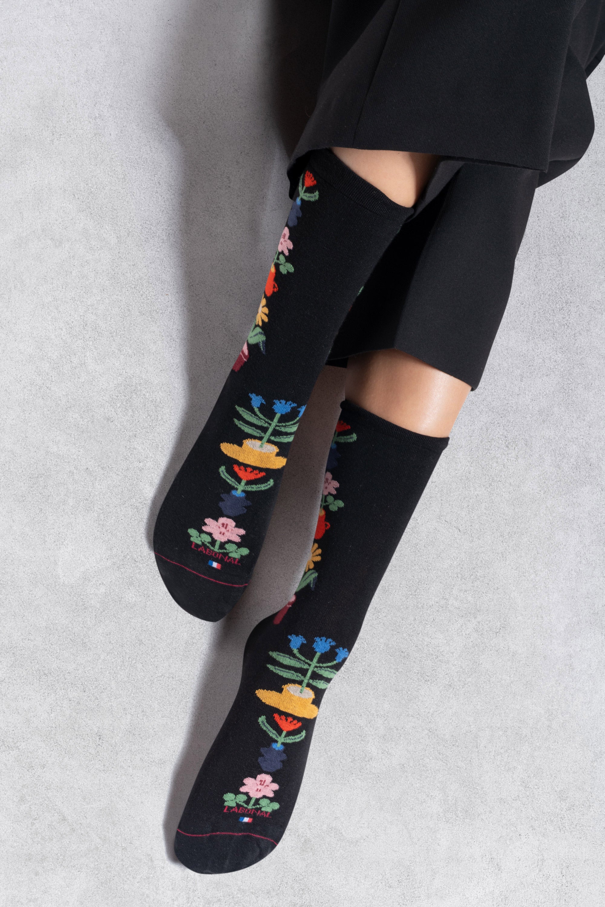 Chaussettes en viscose et soie Noir - Baguette fleurs