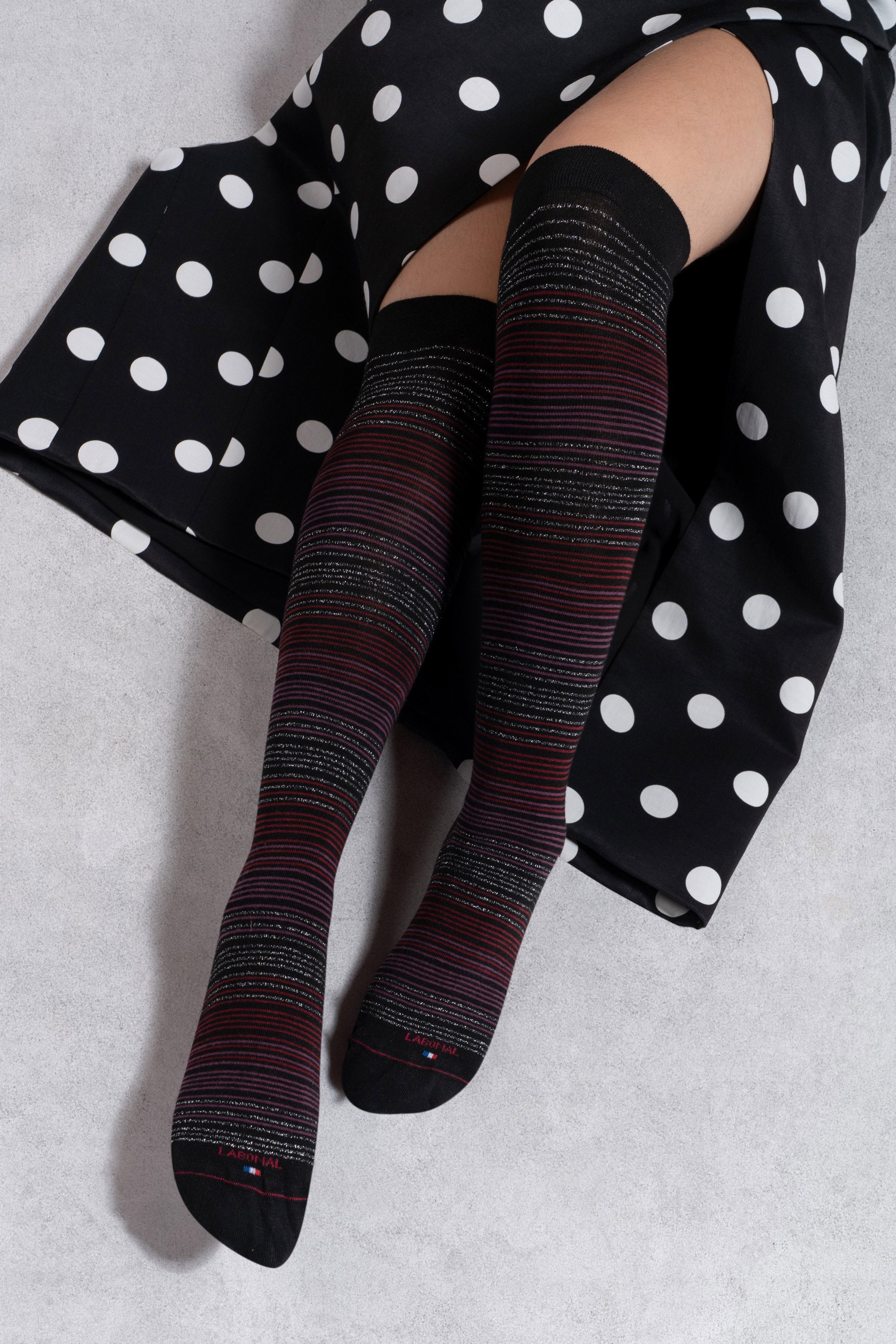 Chaussettes hautes en viscose et soie Noir - Rayures brillantes
