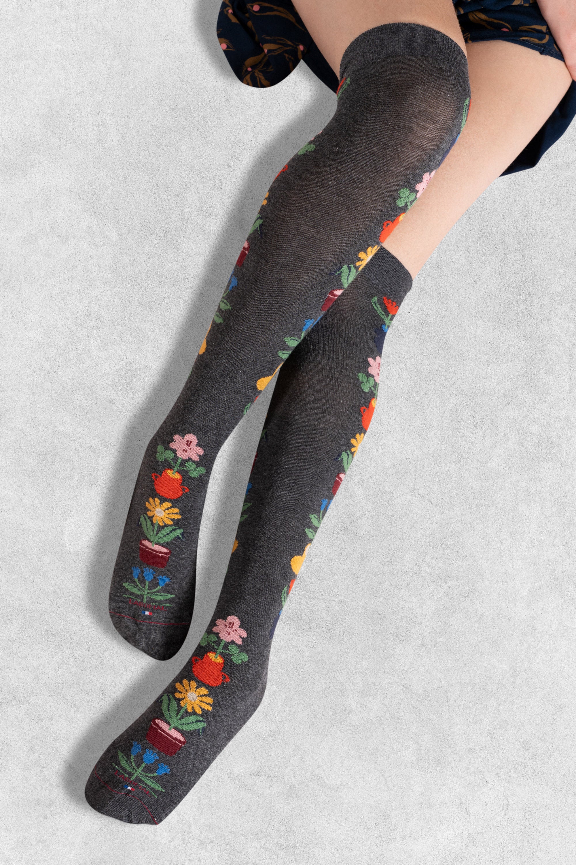 Chaussettes hautes en viscose et soie Gris - Baguette fleurs