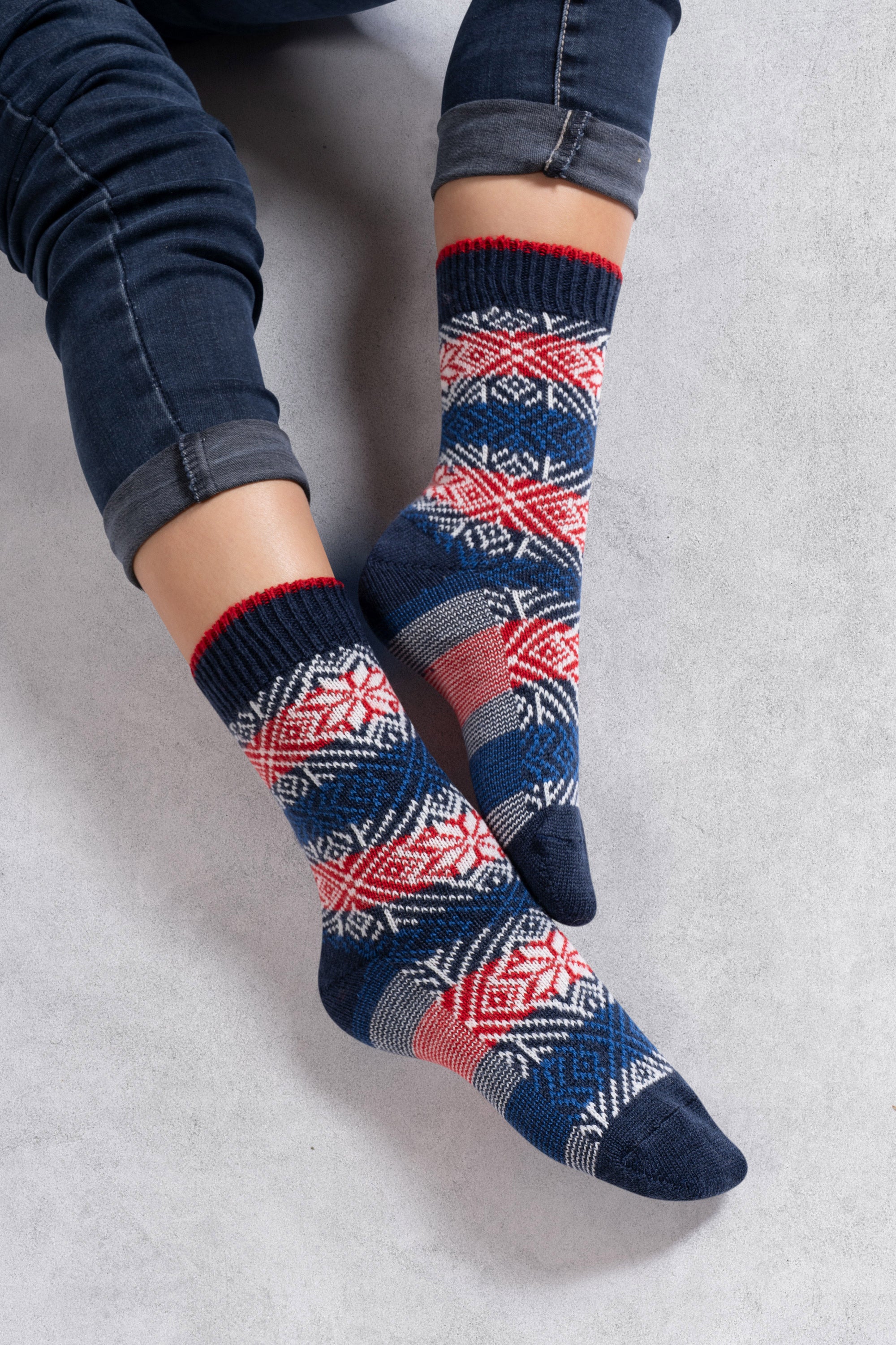 Chaussettes en laine mérinos colorées épaisses Marine - Style Norvégien
