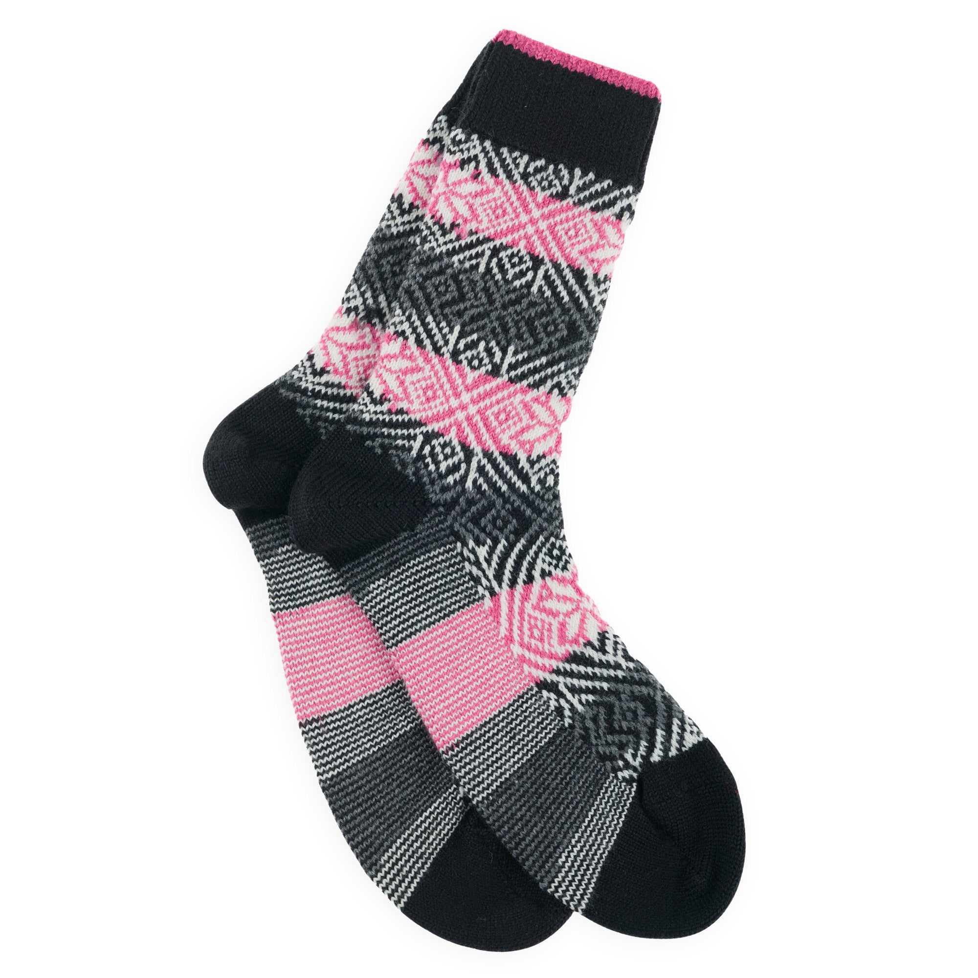 Chaussettes en laine mérinos colorées épaisses Noir & Rose - Style Norvégien