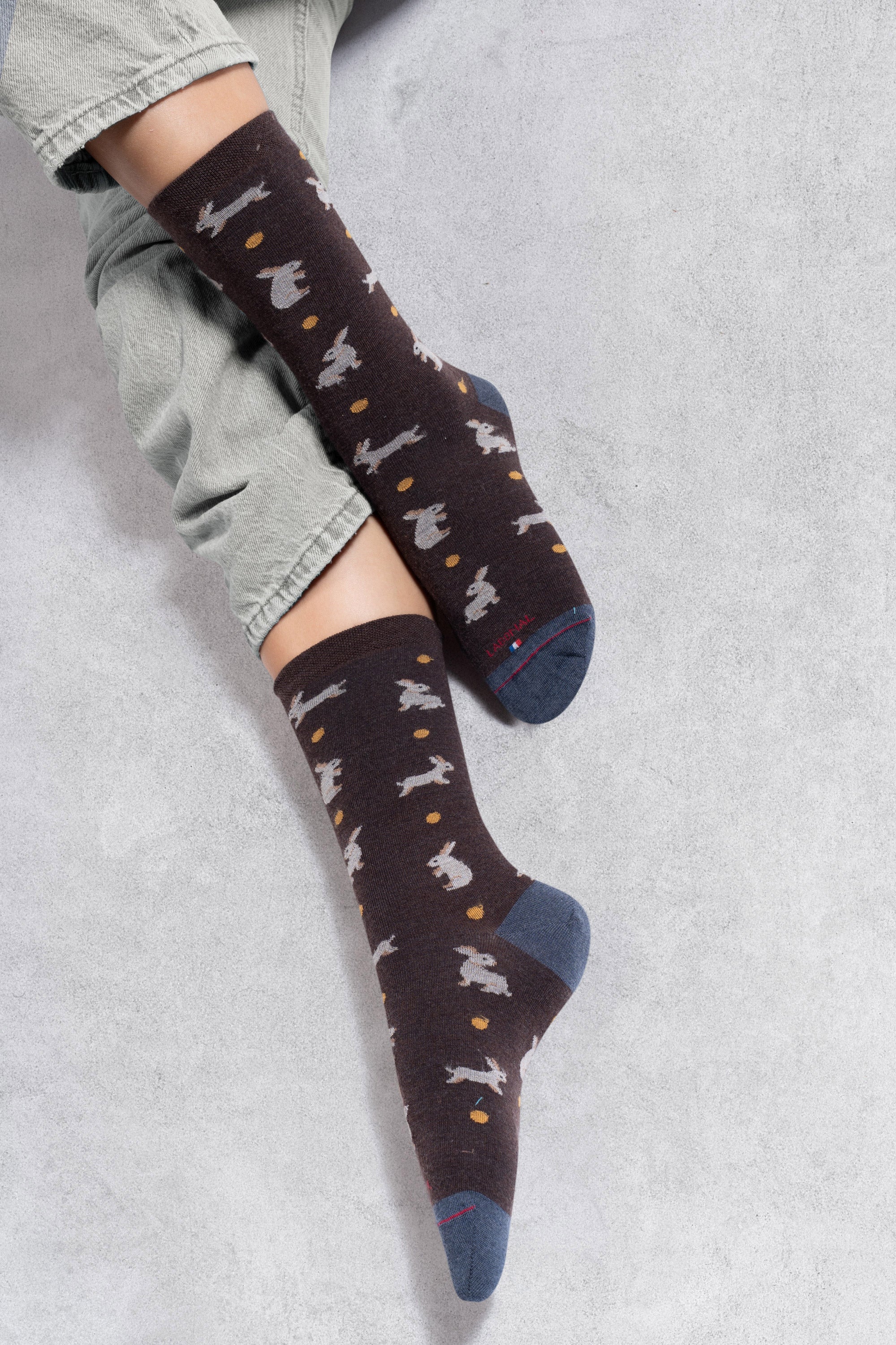 Chaussettes en laine mérinos Marron - Motifs semis lapins