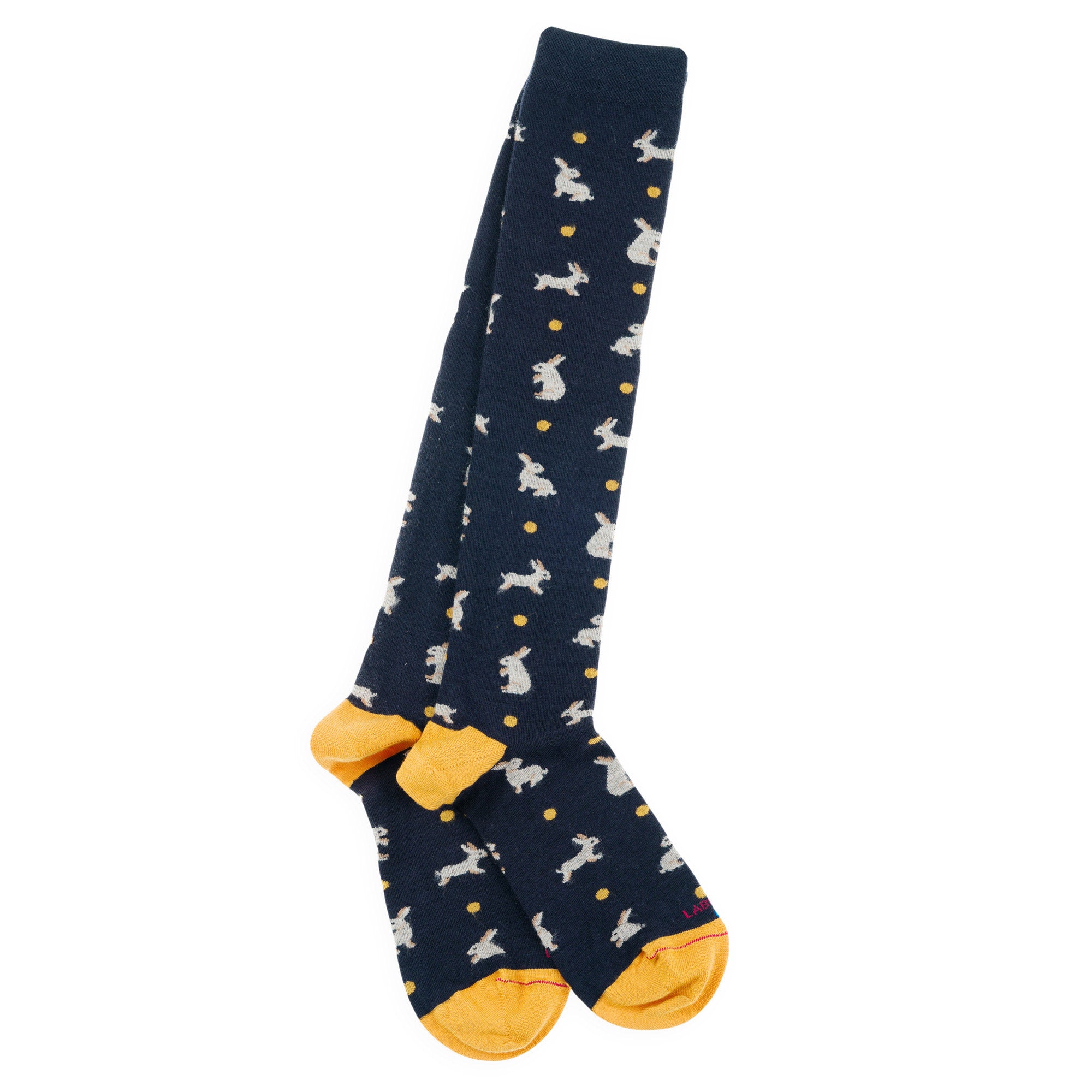 Chaussettes hautes en laine mérinos Marine - Motifs semis lapins