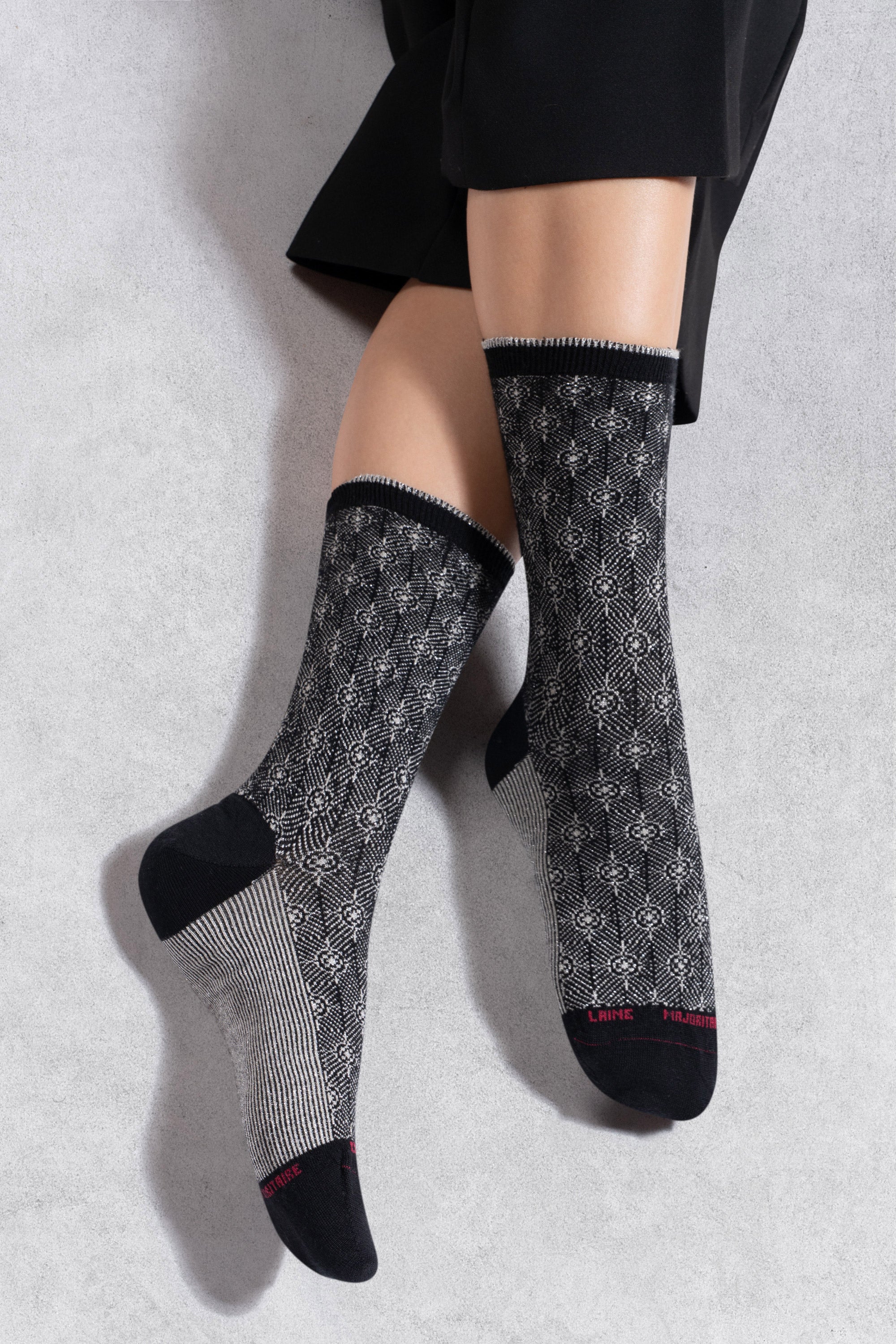 Chaussettes en laine mérinos Noir & Argent - Motifs jacquard brillant