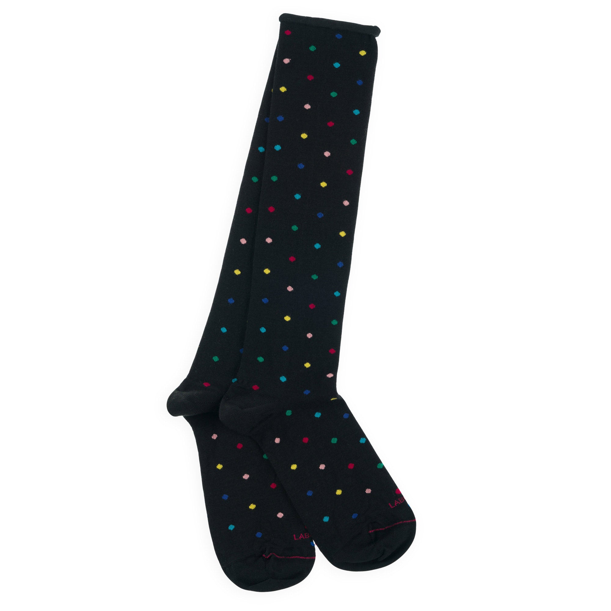 Chaussettes hautes en laine mérinos roulottées Noir - Motifs pois