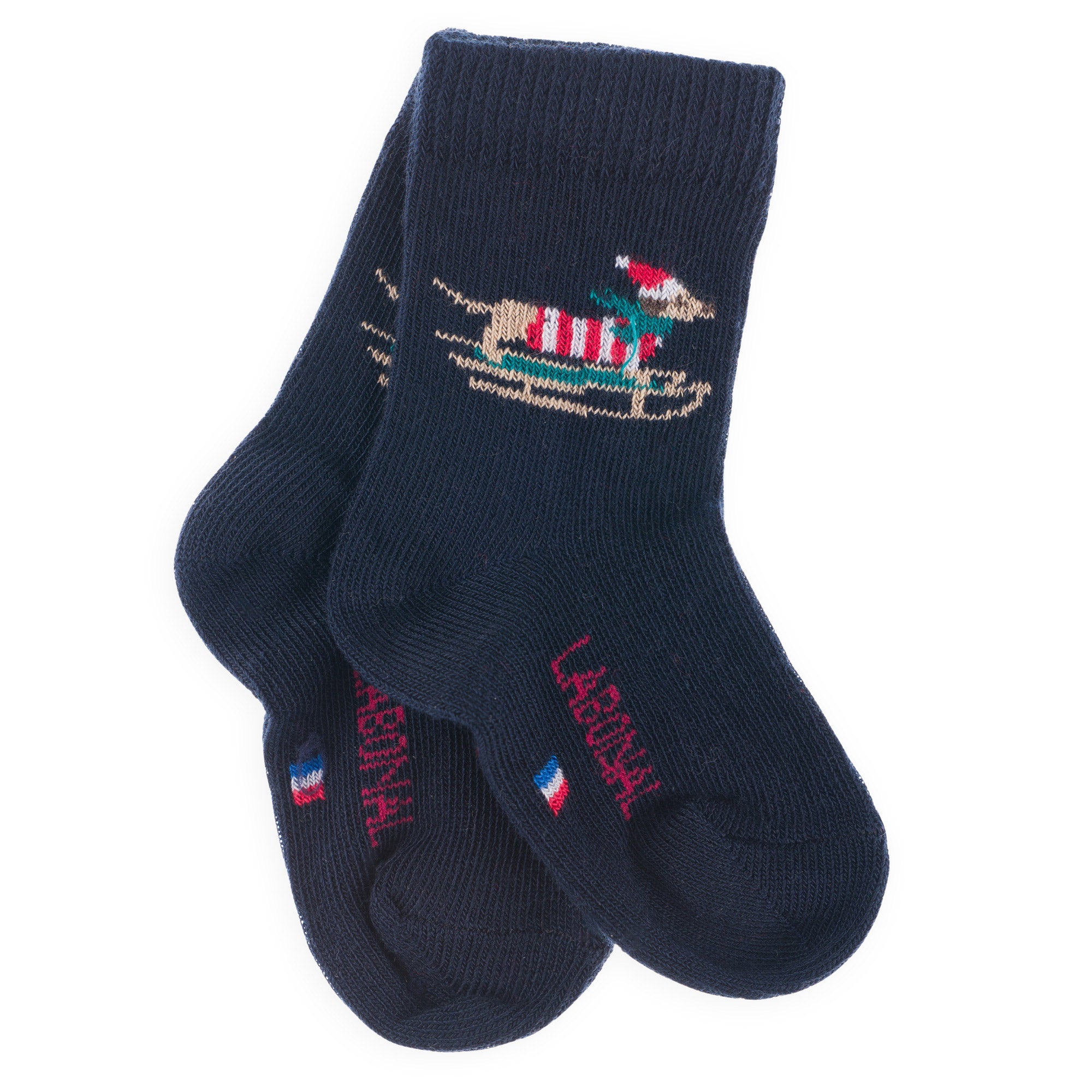 Chaussettes bébé en coton Marine - Motif teckel de Noël