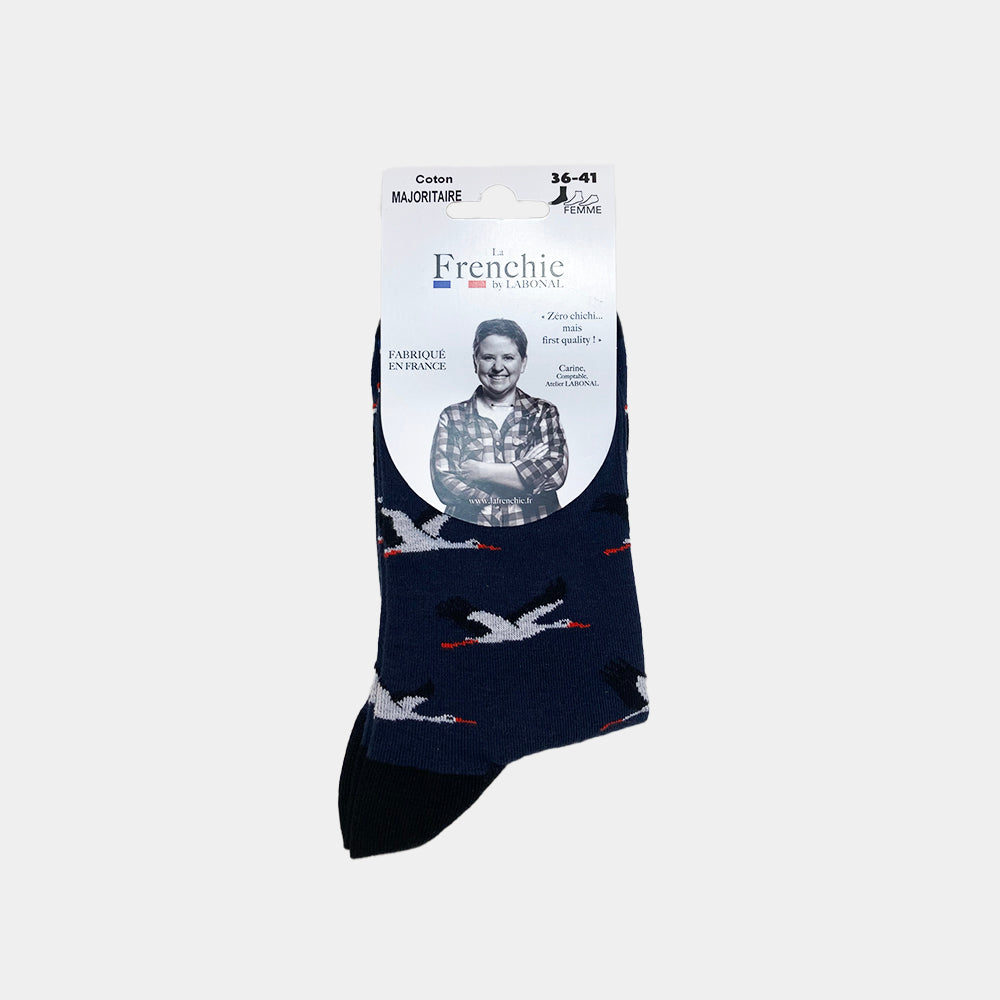 Mi-chaussettes marine cigognes femme