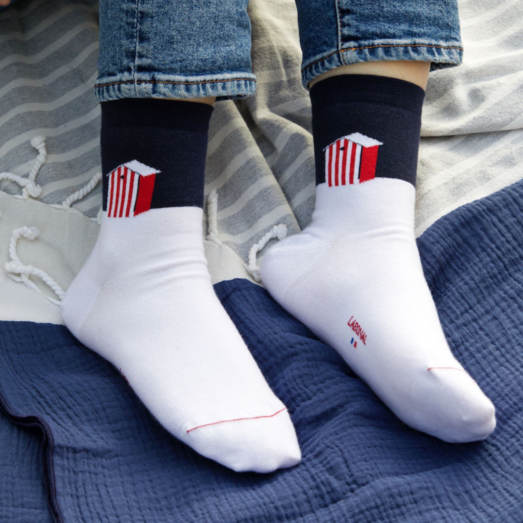 Socquettes en coton Blanc & Marine - Cabine plage