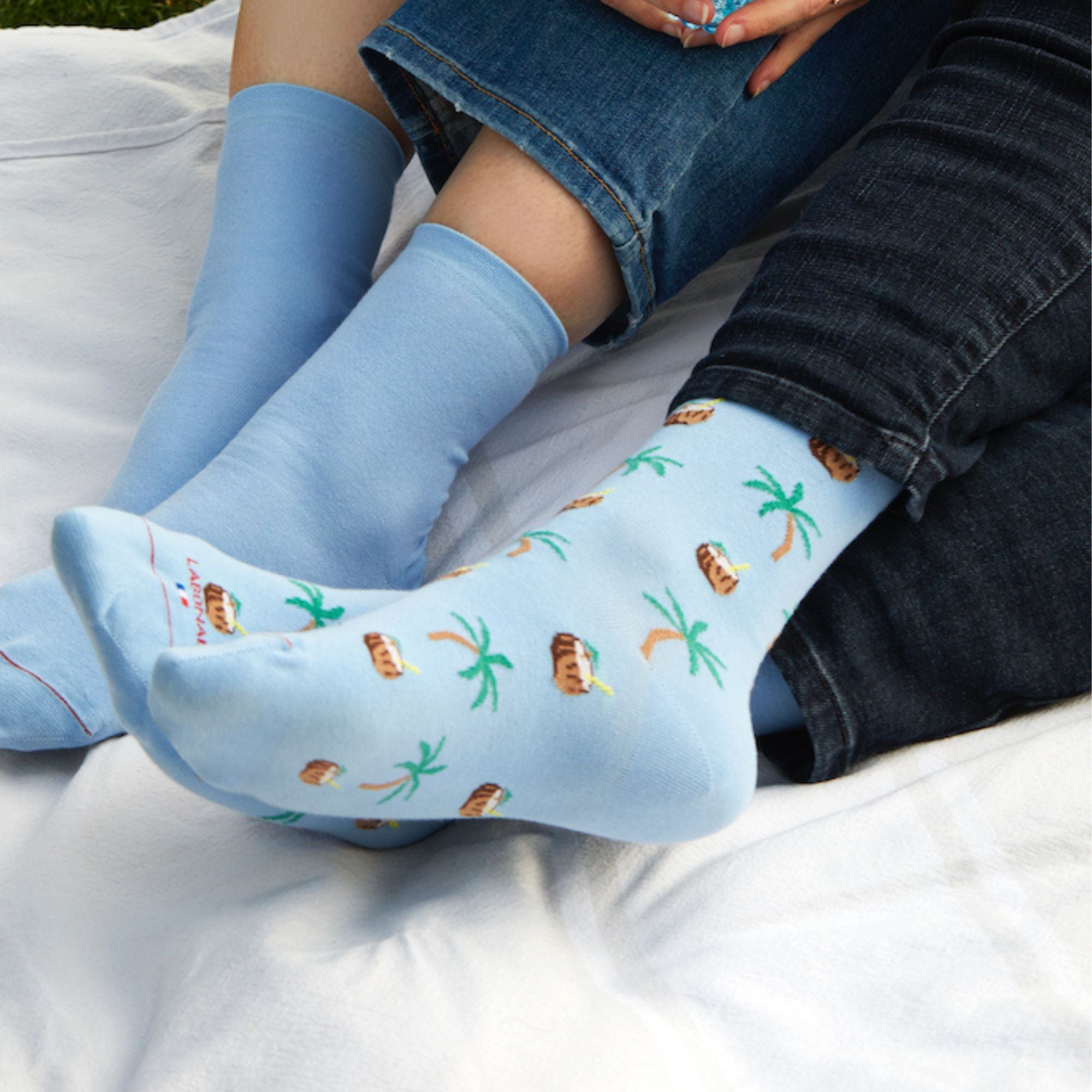 Chaussettes en coton Bleu clair - Noix de coco et palmiers