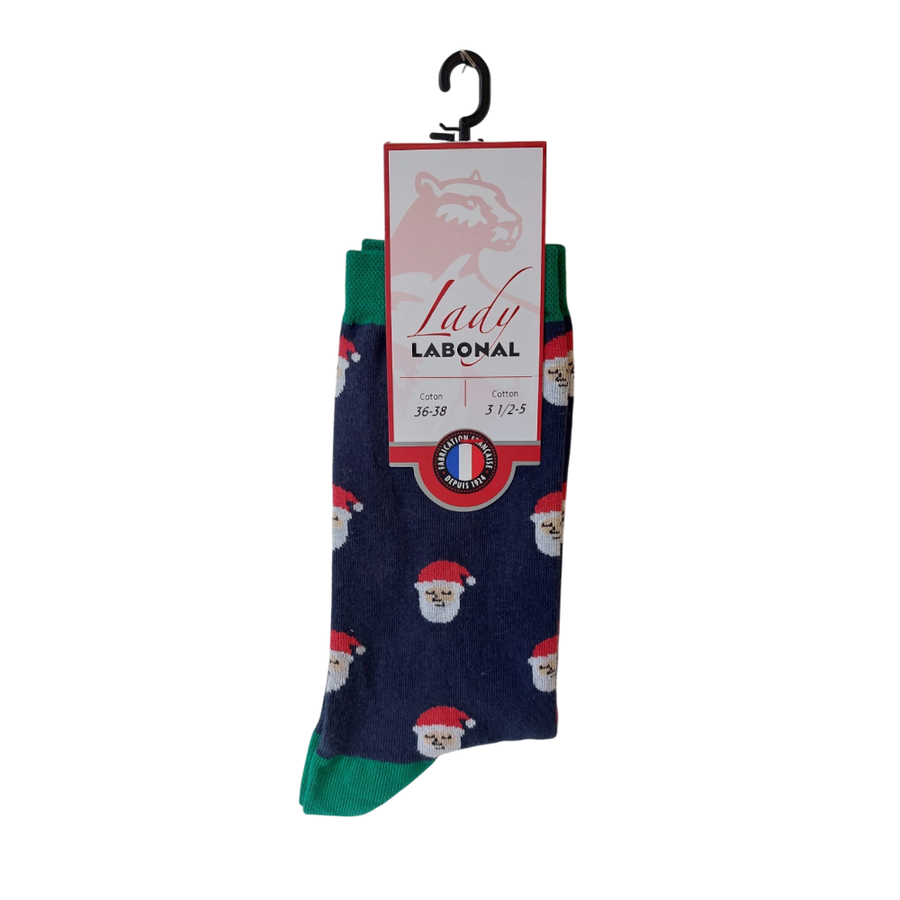 Chaussettes de Noël pour femme en coton Marine - Motifs têtes de père Noël