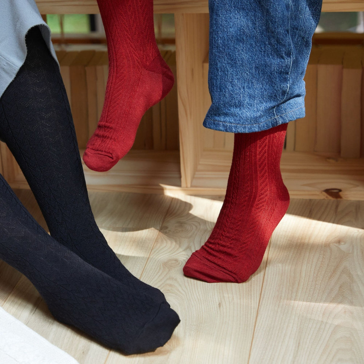 Chaussettes en laine mérinos et soie Rouge - Effet de maille