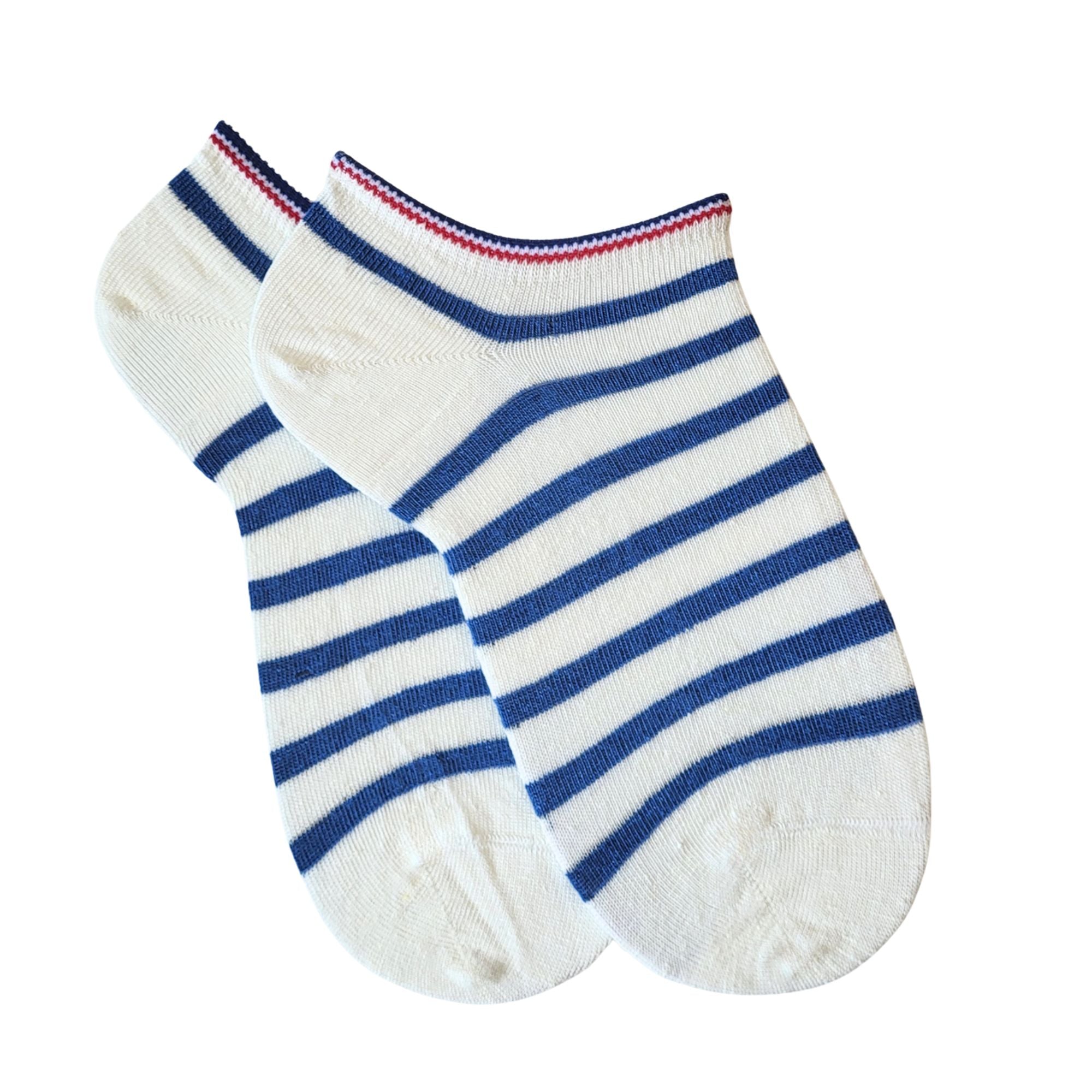 Mini-socquettes en lin rayé blanc bleu femme