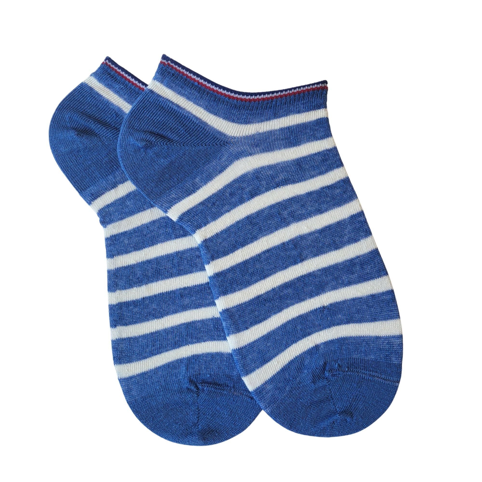 Mini-socquettes en lin rayé bleu blanc femme