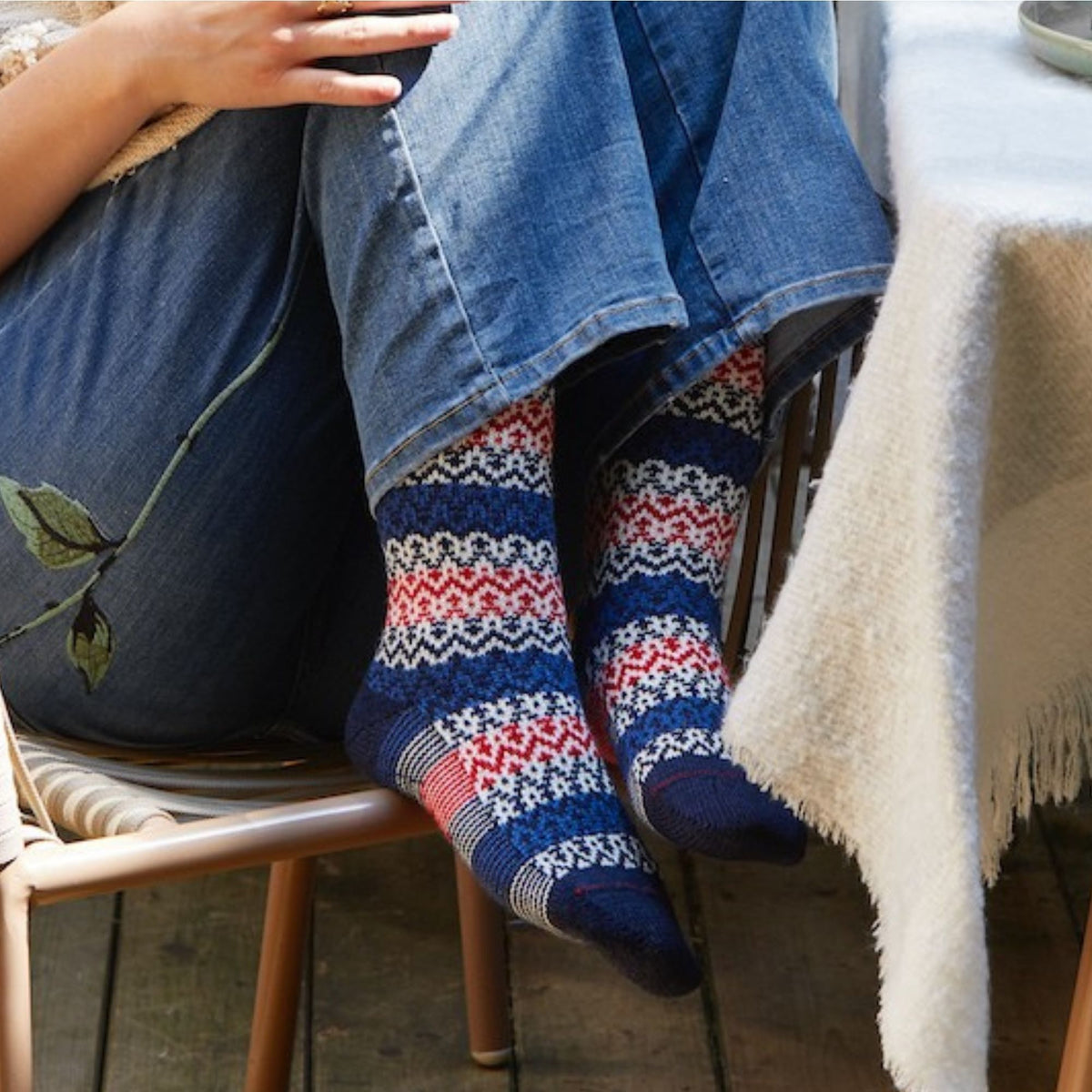 Chaussettes laine mérinos épaisses bleu marine style Norvégien
