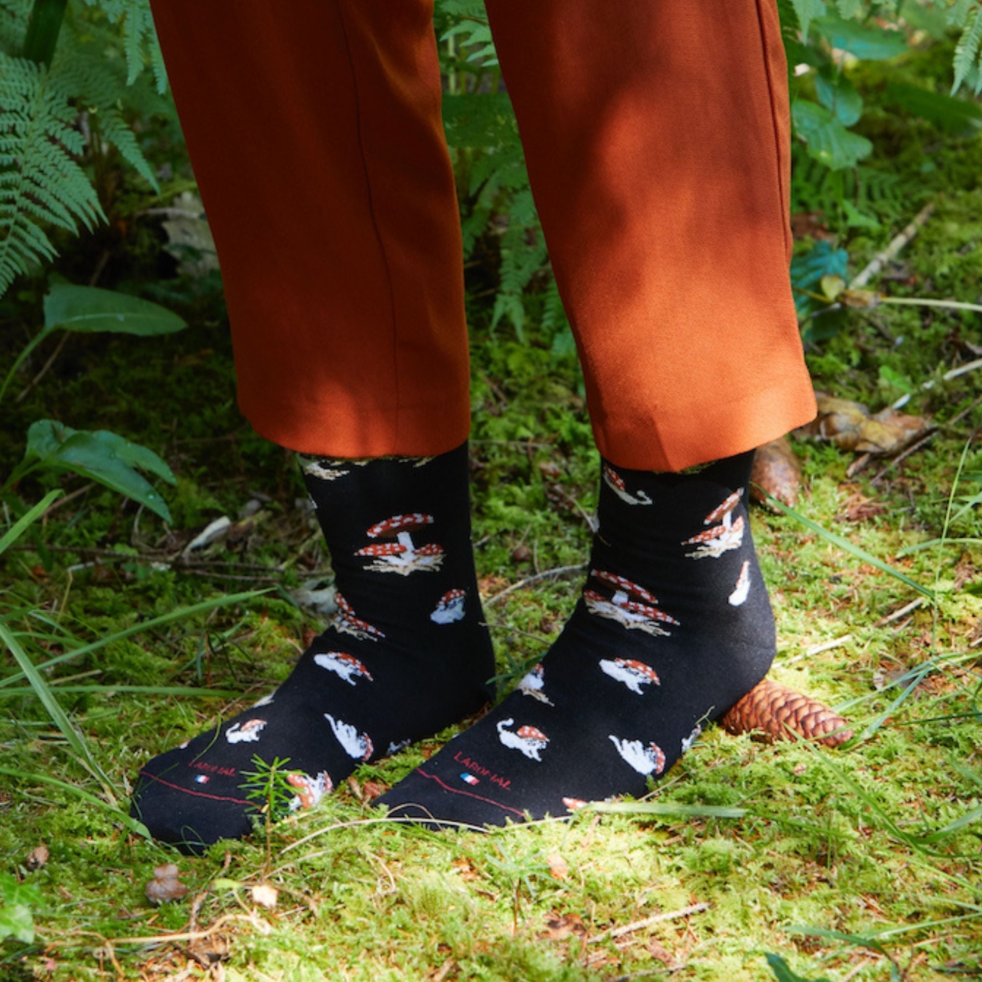 Chaussettes coton noir motif champignons