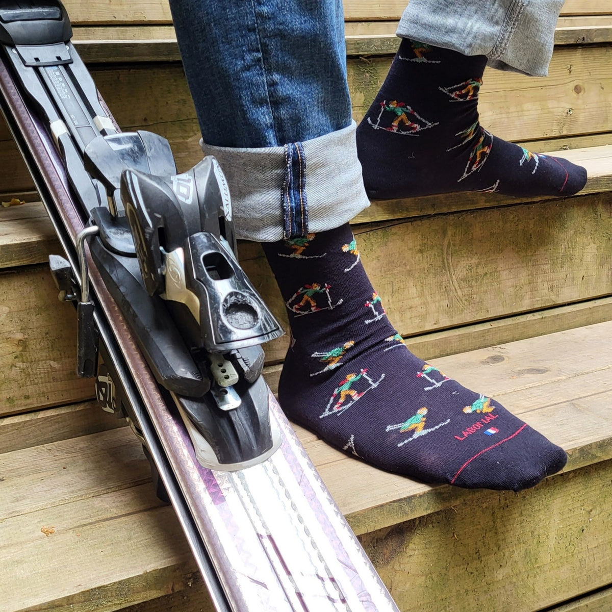 Chaussettes laine bleu motif skieurs