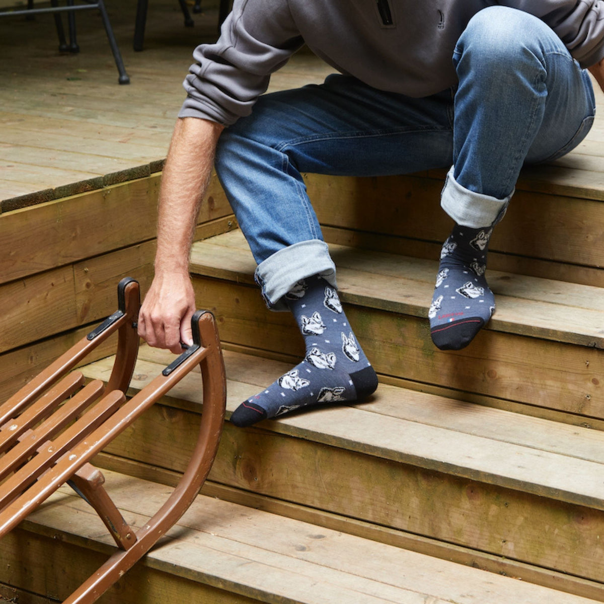 Chaussettes laine gris motif huskys